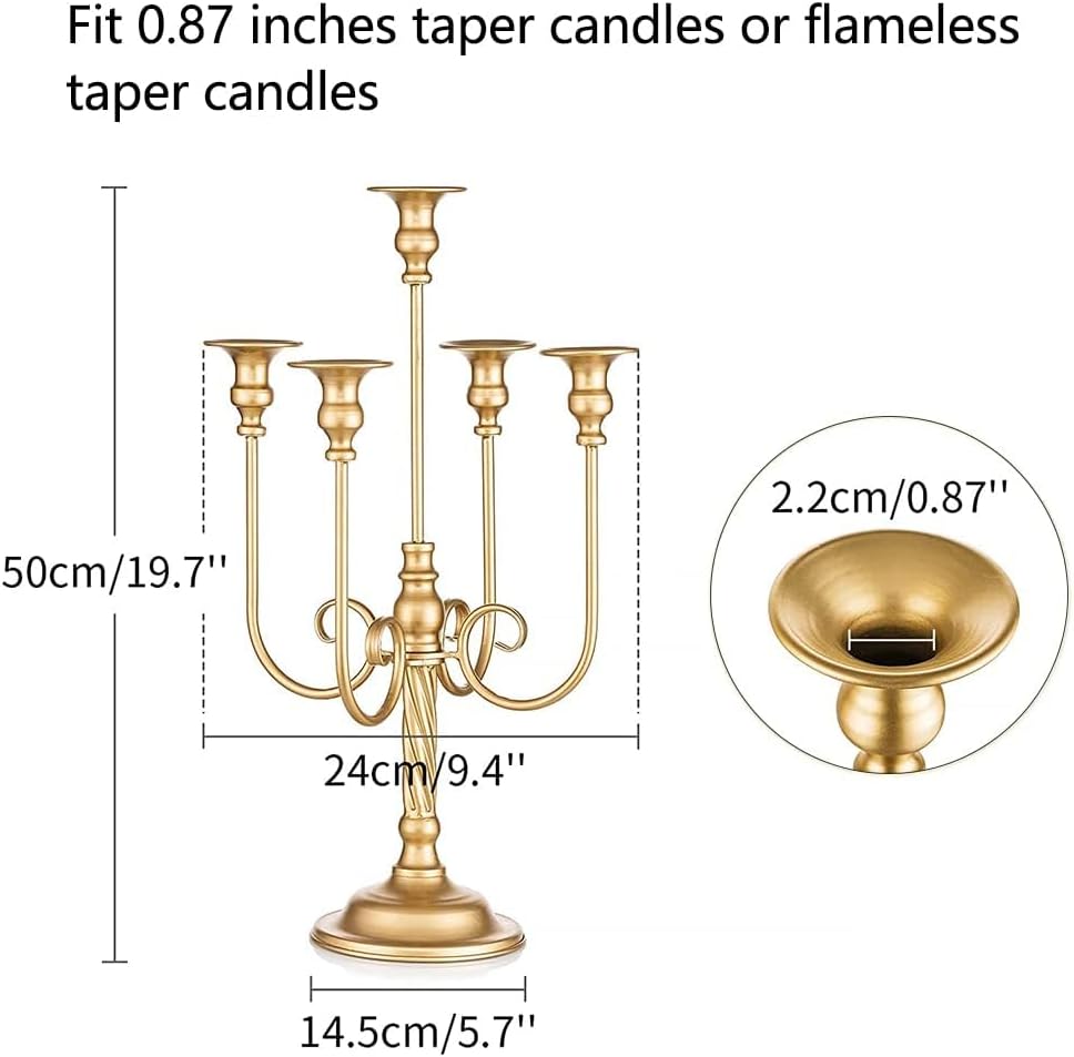 Metal Candelabra Gold Candle Stand 20in Tall, 5-Candle Candlestick Holder for Taper Candles, Candle Holder for Wedding Centerpiece Christmas Valentine Holiday Party Event Reception Decor, 2Pcs