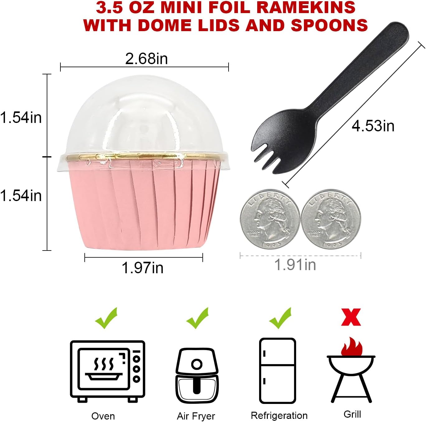 Cupcake Liners for Baking 100Pack,Free-Air 3.5Oz Foil Baking Cups with Dome Lids,Disposable Muffin Tins Muffin Cups for Wedding Birthday Party, with Spoons-Pink in gold