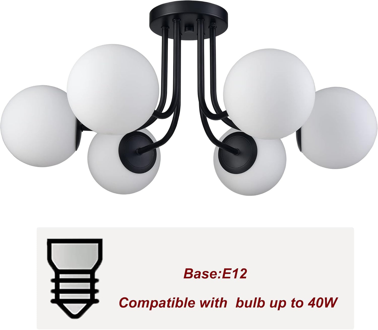 Modern 6-Light Black Metal Semi Flush Mount Ceiling Light With Globe White Glass Shade for Living Room Bedroom - Sputnik Chandelier Light Fixture