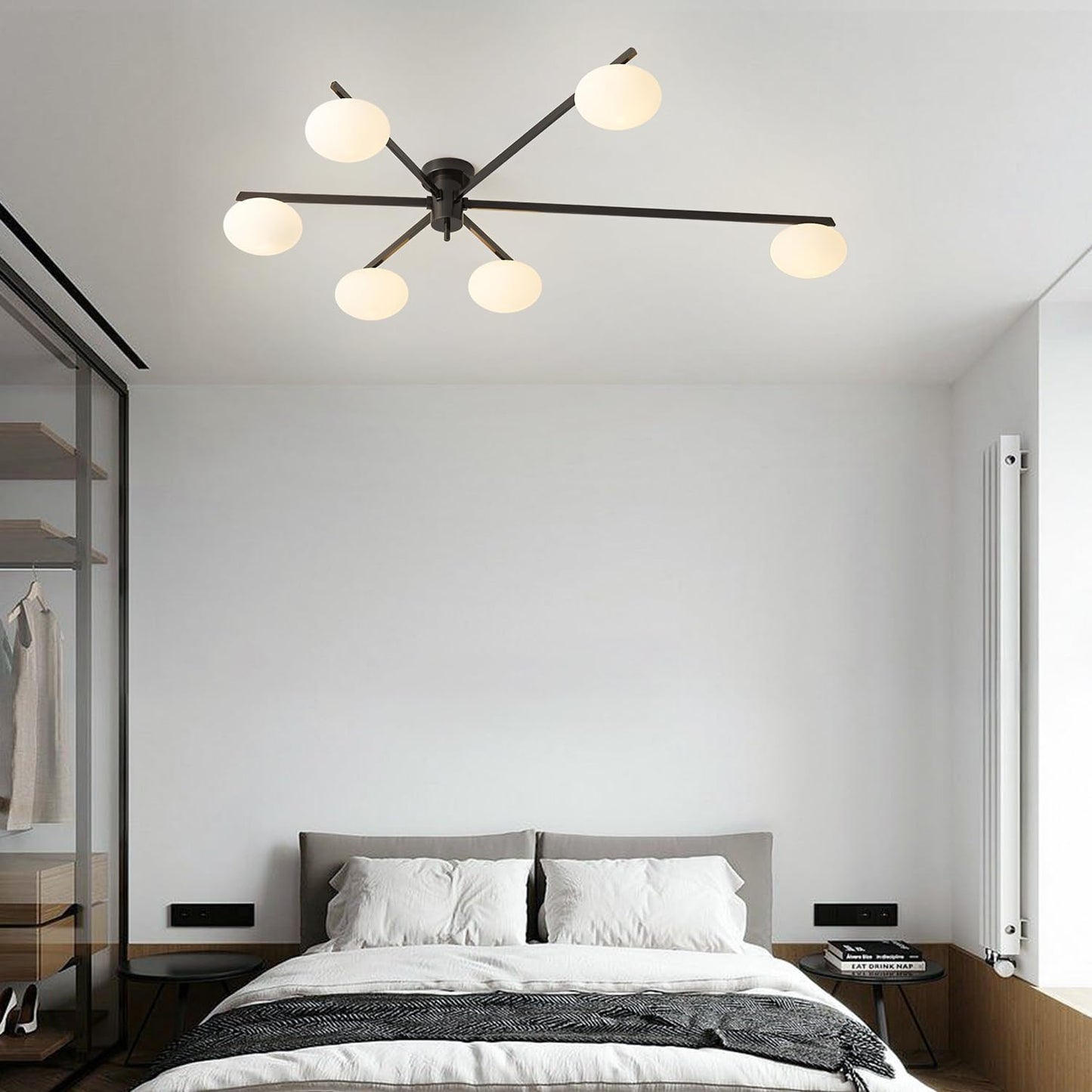 6-Light Mid Century Semi Flush Mount Black Matte Sputnik Chandelier Fixtures with Milk Glass Shade for Foyer MCL01-6 BK