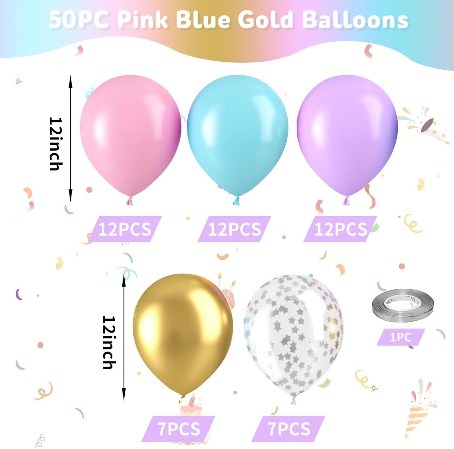 Pink Blue Gold Balloons, 50pcs Pink Blue Purple Balloons, Gold Macaron Pink Purple Teal Balloon Silver Star Confetti Balloon for Gilrs Woman Birthday Baby Shower Party Wedding Bridal Shower Supplies