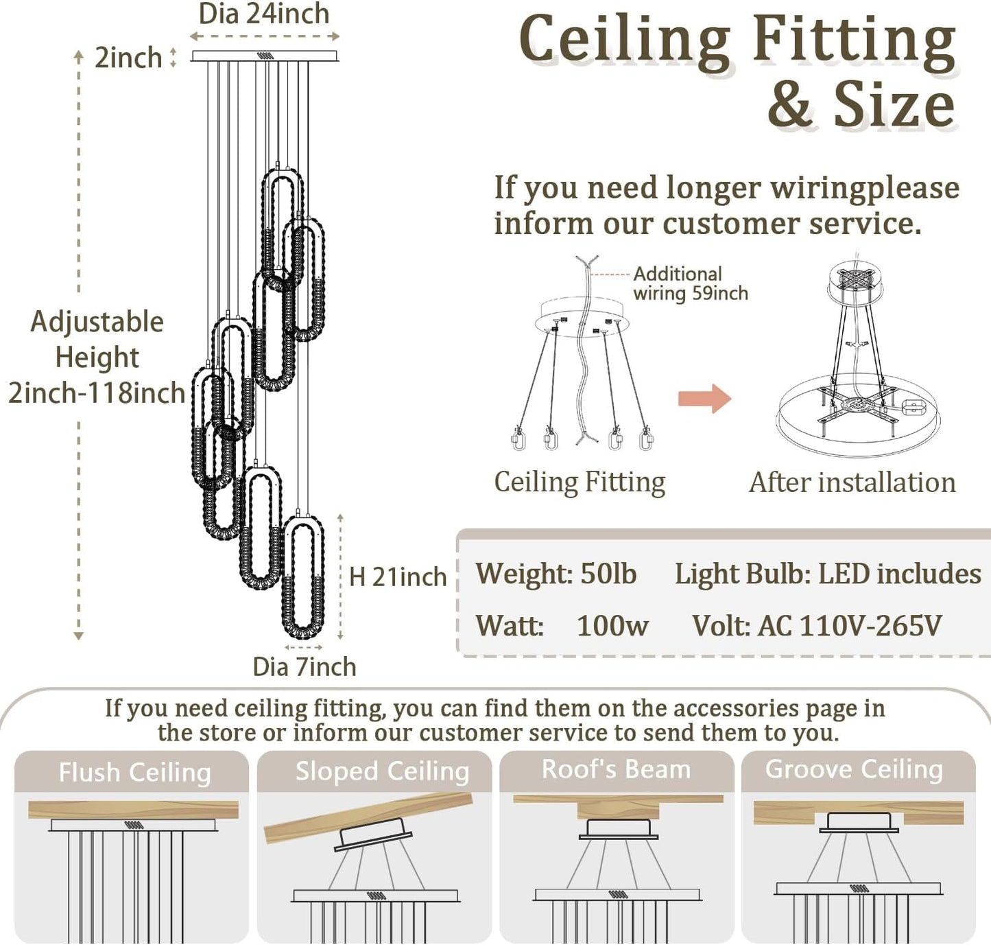 8 Rings Crystal Chandelier,H 118" Modern Black Pendant Light Luxury Foyer Lighting Fixture High Ceiling Chandelier for Entryway,Staircase,Living Room,Villa LED Dimmable 2700K-6000K