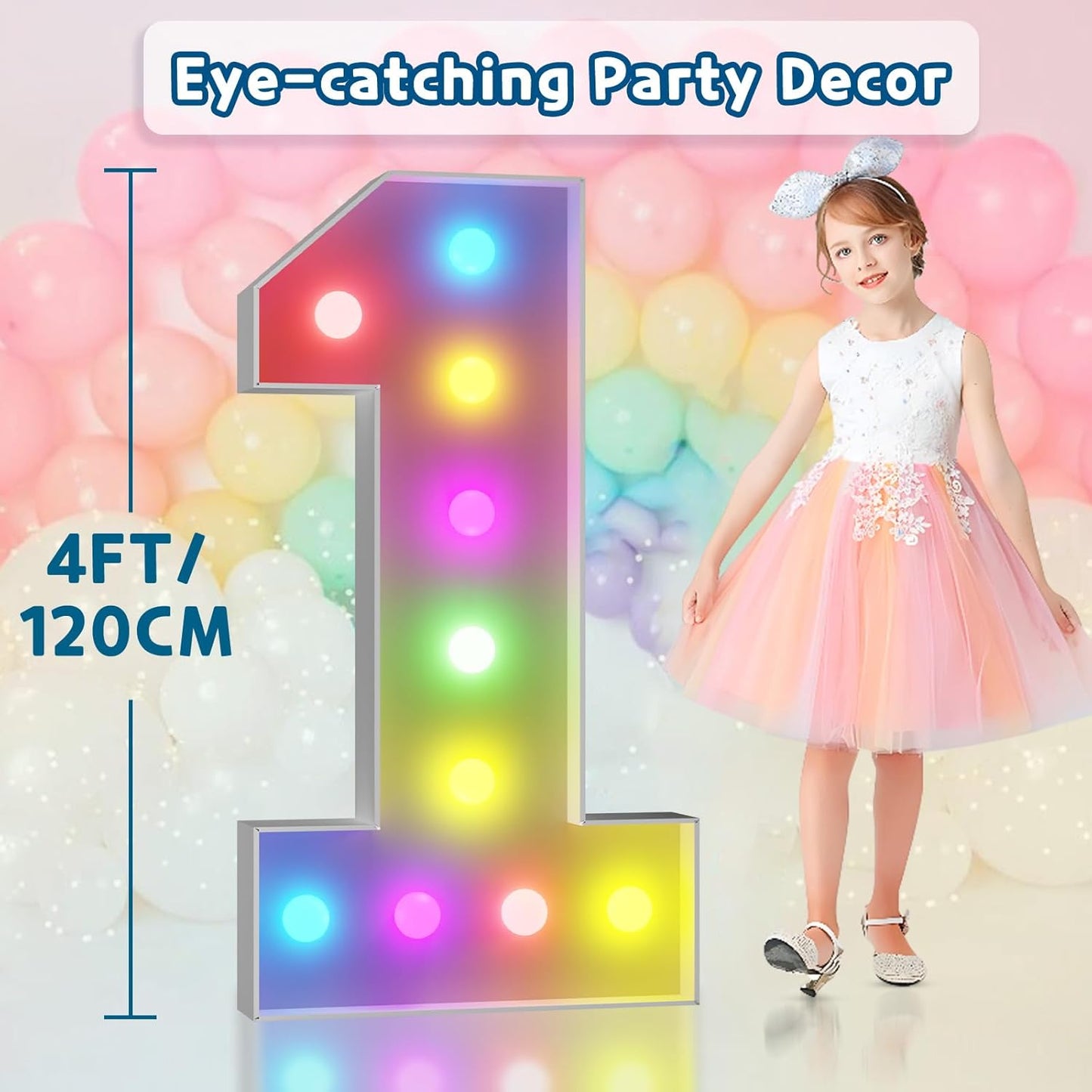 imprsv 4FT Colorful Marquee Numbers,18 Colors Number 1 with Remote, Light Up Numbers Sign for 1st Birthday Decorations Anniversary Party Decor, Pre-Cut Foam Board Kit, Mosaic Sign for Balloon