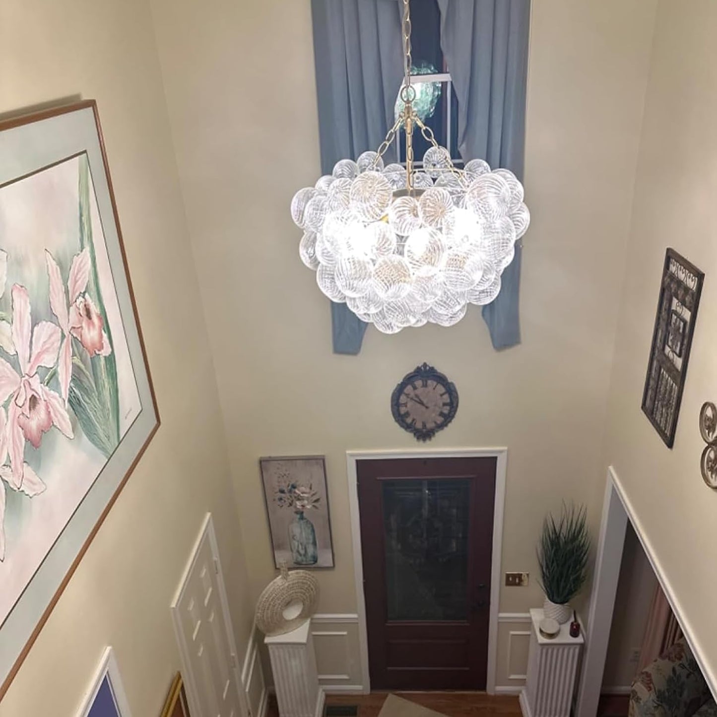 Nordic Bubble Ball Swirled Glass Chandelier, Diam 24 inch Gild Gold and Clear Blown Glass Hanging Pendant Light Fixture for Bedroom Study Restaurant