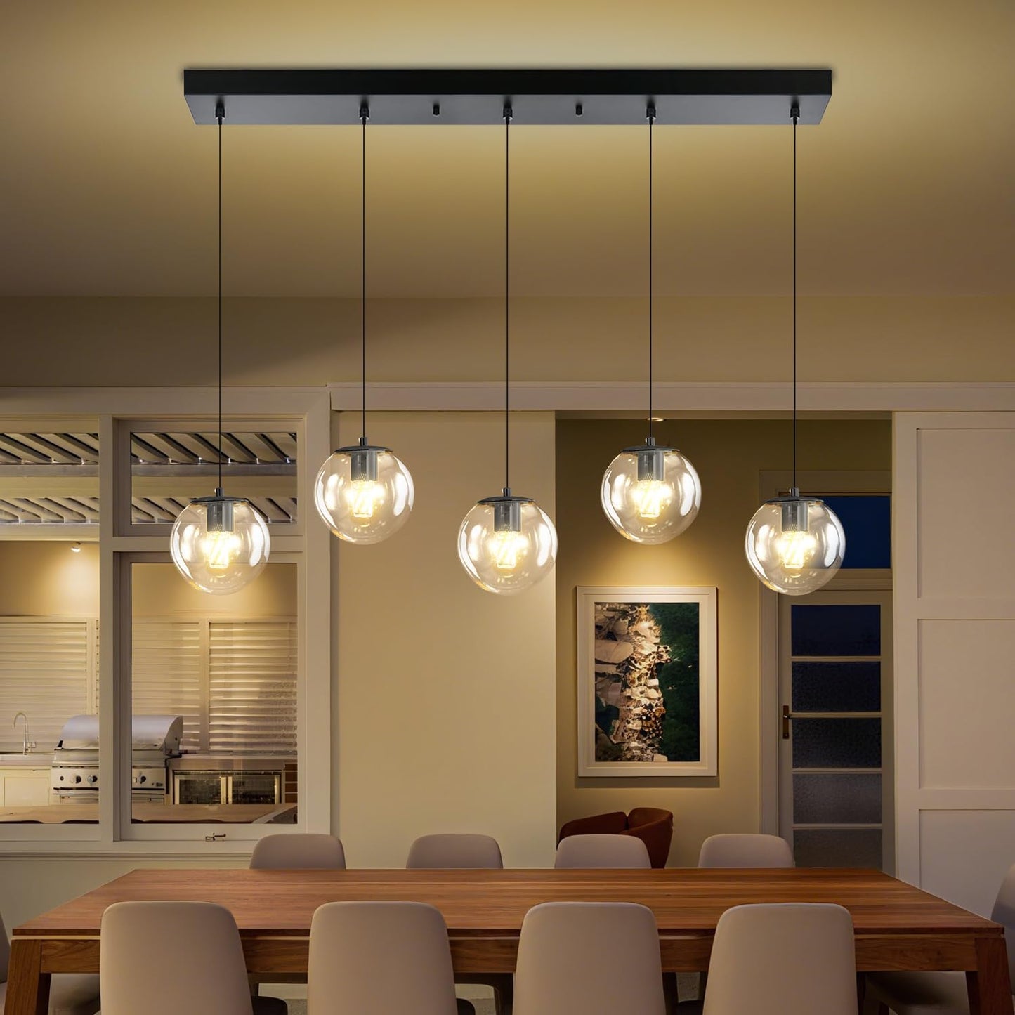 5-Lights Modern Rectangle Chandelier Globe Pendant Light,Black Linear Globe Chandeliers for Dining Room and Kitchen Island