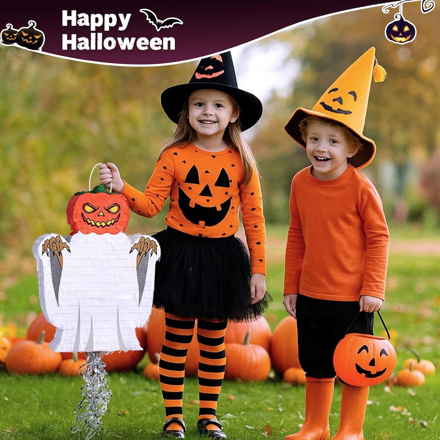 WERNNSAI Halloween Ghost Pinata - Halloween Party Decorations Hallow-een Pumpkin Party Games for Kids Trick or Treat Theme Party Haunted House Jack O Lantern Decorations with Bat Blindfold