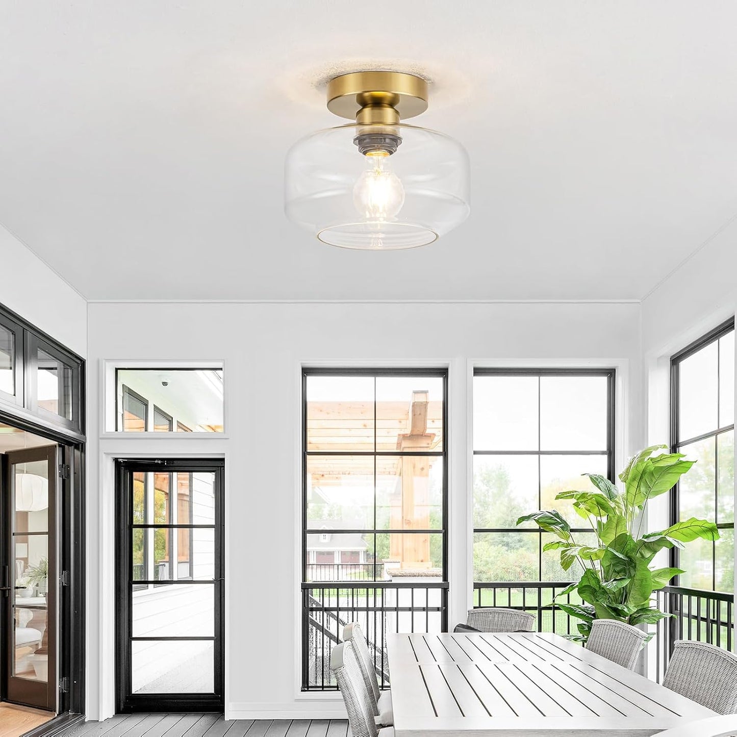 Golden Semi Flush Mount Ceiling Light - Includes 900LM Bulb (60W Eqv) - Clear Glass & Brass Fixture for Hallway, Bathroom, Kitchen Lighting