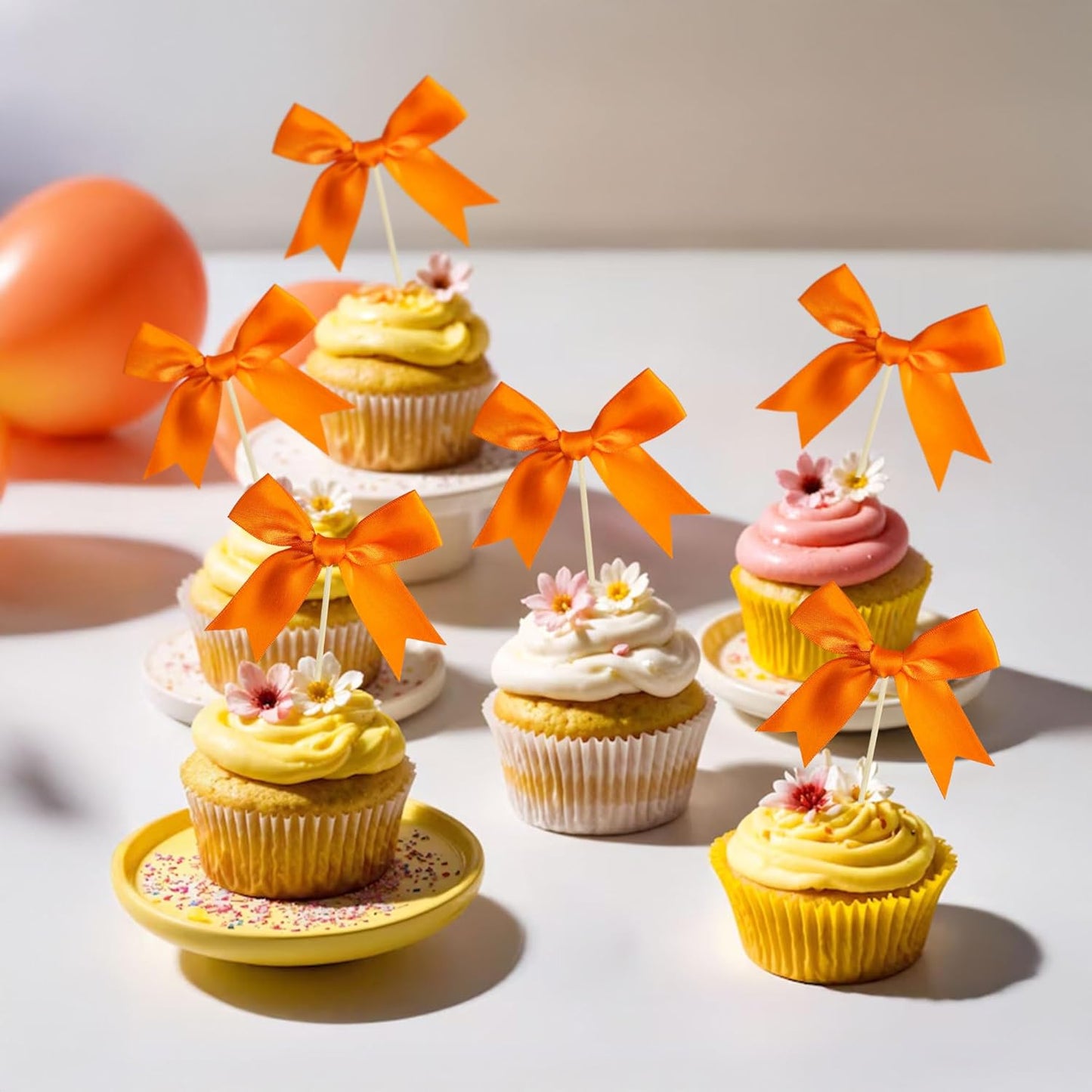 Gyufise 24Pcs Bow Cupcake Toppers Coquette Bow Girls Birthday Cake Decorations Bowknot Cake Toppers Bowknot Cupcake Picks for Baby Shower Birthday Wedding Bridal Engagement Party Supplies Orange