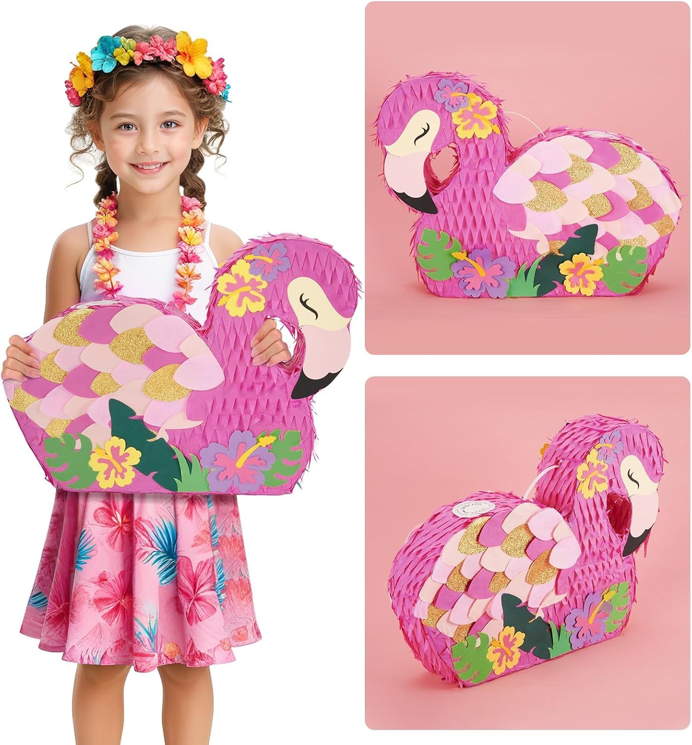 WERNNSAI Flamingo Piñata - Pink Piñata Bundle with Blindfold and Bat for Girls Kids Tropical Flamingo Theme Birthday Party Supplies Summer Pool Party Decorations for Fiestas Baby Shower