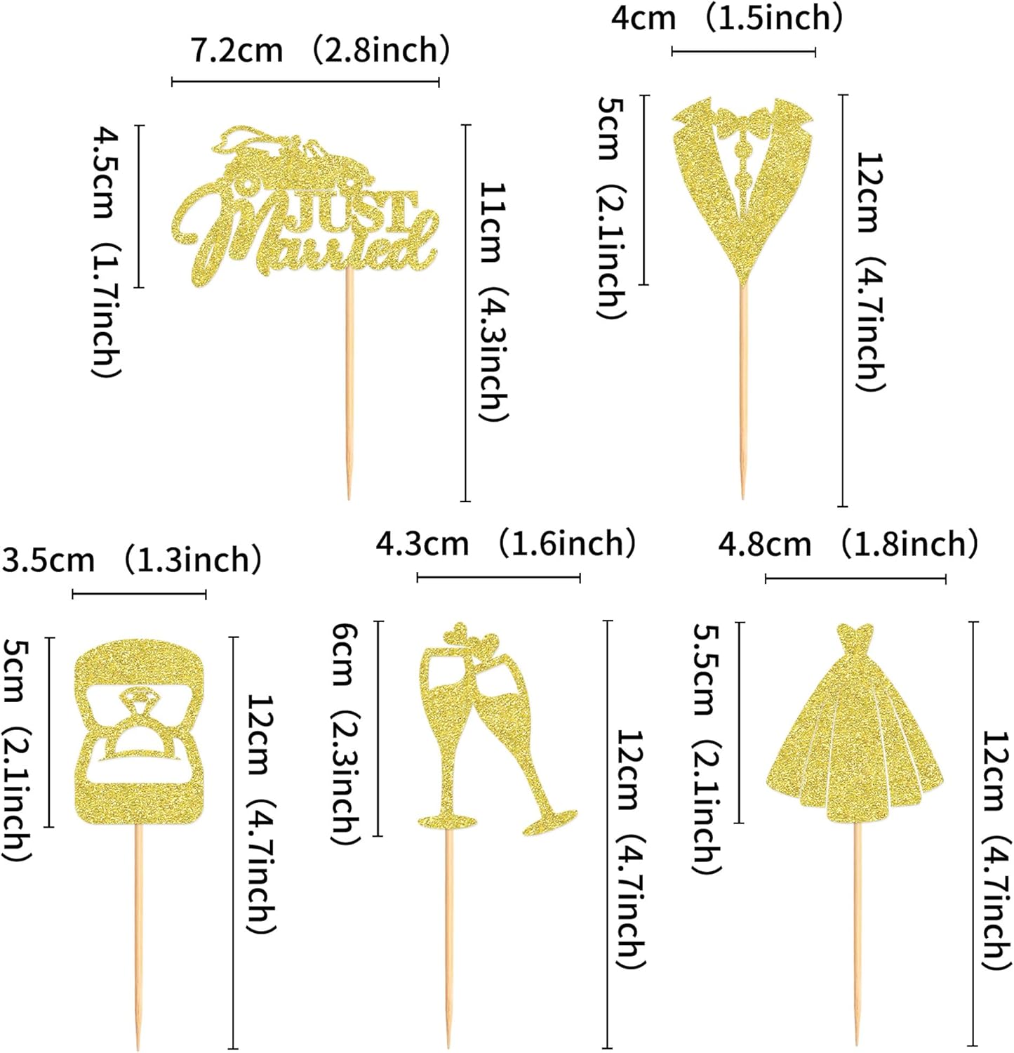 25 Pcs Bride and Groom Cupcake Toppers Wedding Dress Diamond Ring Cupcake Picks Bridal Shower Wedding Engagement Anniversary Party Cake Decorations Supplies golden