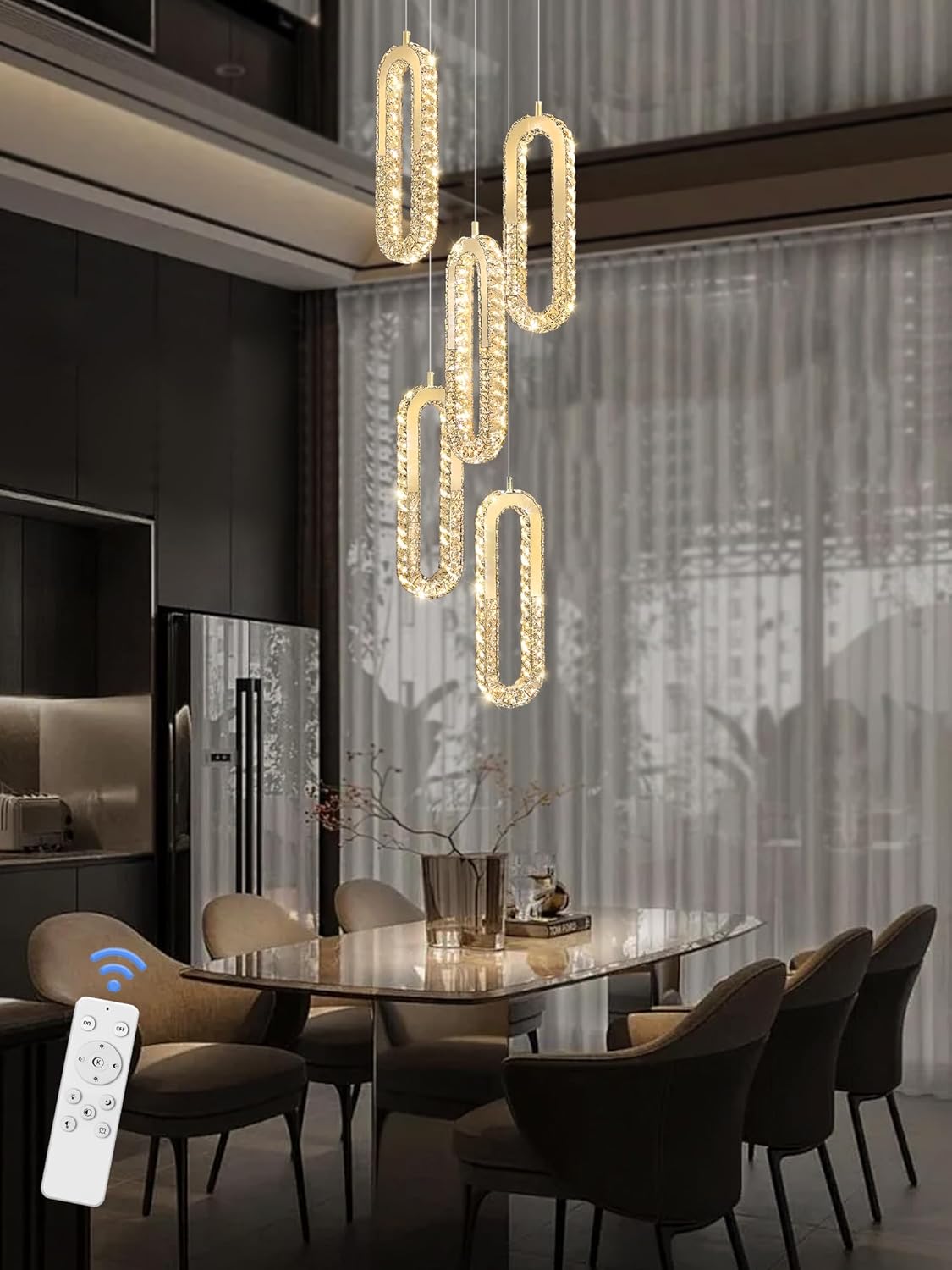 5 Rings Crystal Chandeliers for Staircase Large Pendants Light Fixture Gold High Ceiling Chandelier for Entryway Bedroom Foyer 2700K-6000K