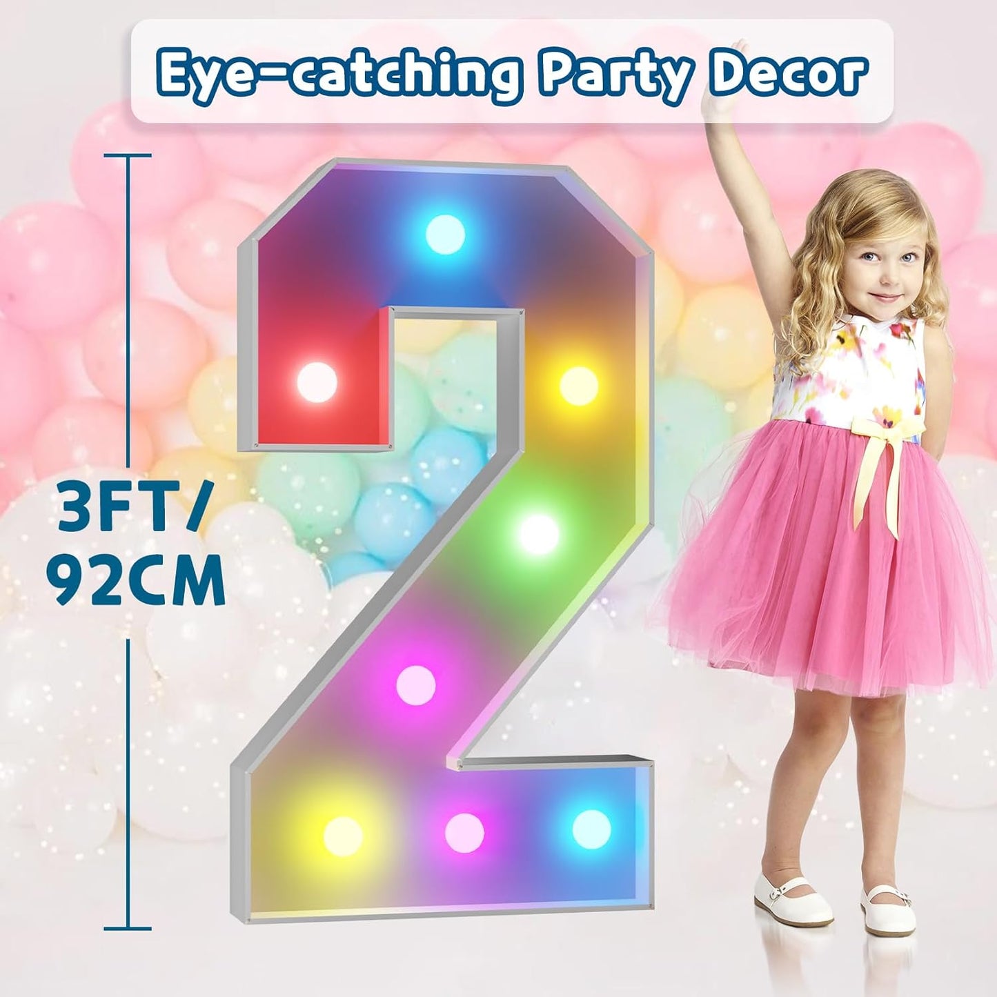 imprsv 3FT Colorful Marquee Numbers,18 Colors Number 2 with Remote, Light Up Numbers Sign for 12th 20th Birthday Anniversary Party Decor, Pre-Cut Foam Board Ki, Mosaic Numbers for Balloon