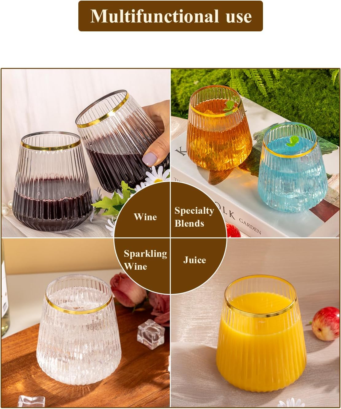 Goodluck 36 Pack 12oz Stemless Plastic Wine Glasses – Clear Ribbed Cups with Gold Rim, Fancy Reusable Disposable Drinkware for Weddings, Parties, Bars, Indoor and Outdoor Events