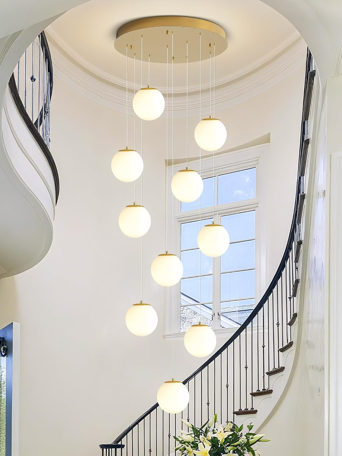 H118 Large Chandeliers for High Ceilings,12-Lights Mid Century Globe Chandelier Gold Modern Globe Pendant Light for Entryway Villas and Stairs