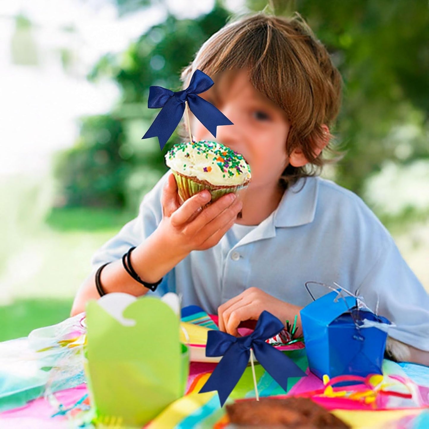 Ephlyn 24Pcs Bow Cupcake Toppers Bowknot Cake Toppers Bow Cupcake Picks Bowknot Birthday Party Decorations for Wedding Bridal Engagement Baby Shower Birthday Party Supplies Dark Blue