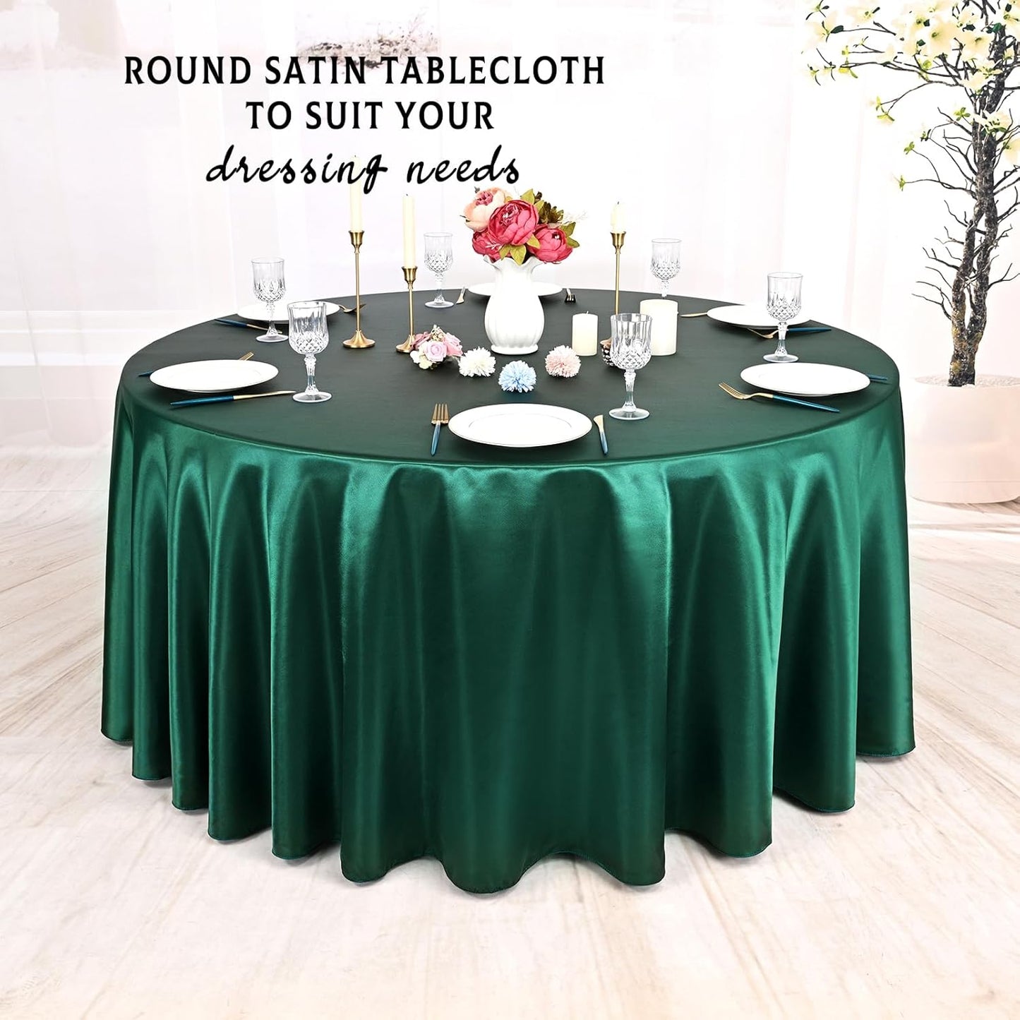 10 Packs Satin Tablecloth 120 Inch Dark Green Round Table Cloth Silk Tablecloth Smooth Fabric Overlay Satin Table Cover Decoration for Wedding Party Banquet Events
