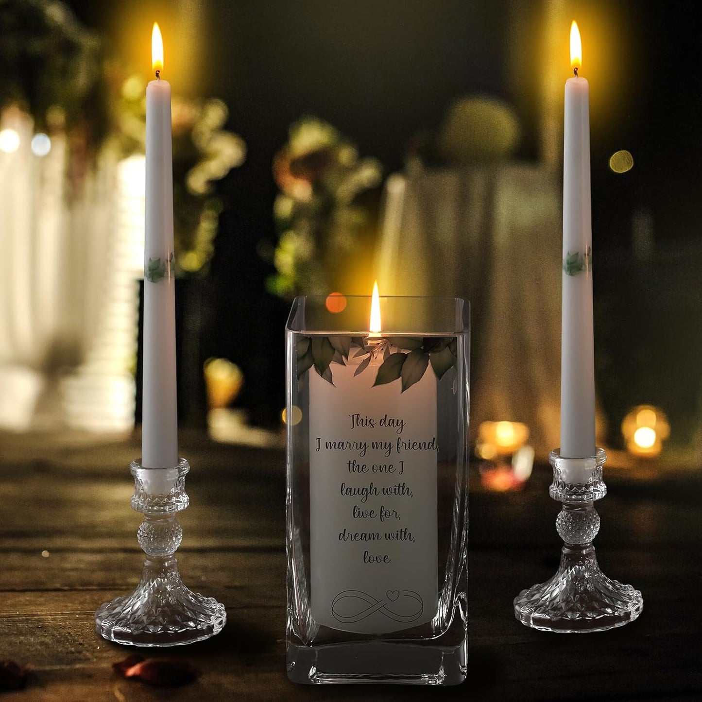 Unity Wedding Candles with Holder Wedding Ceremony Unity Candles Set Catholic Religious Accessories Large Decorative Glass Holder Taper for Church(Green Leaf)