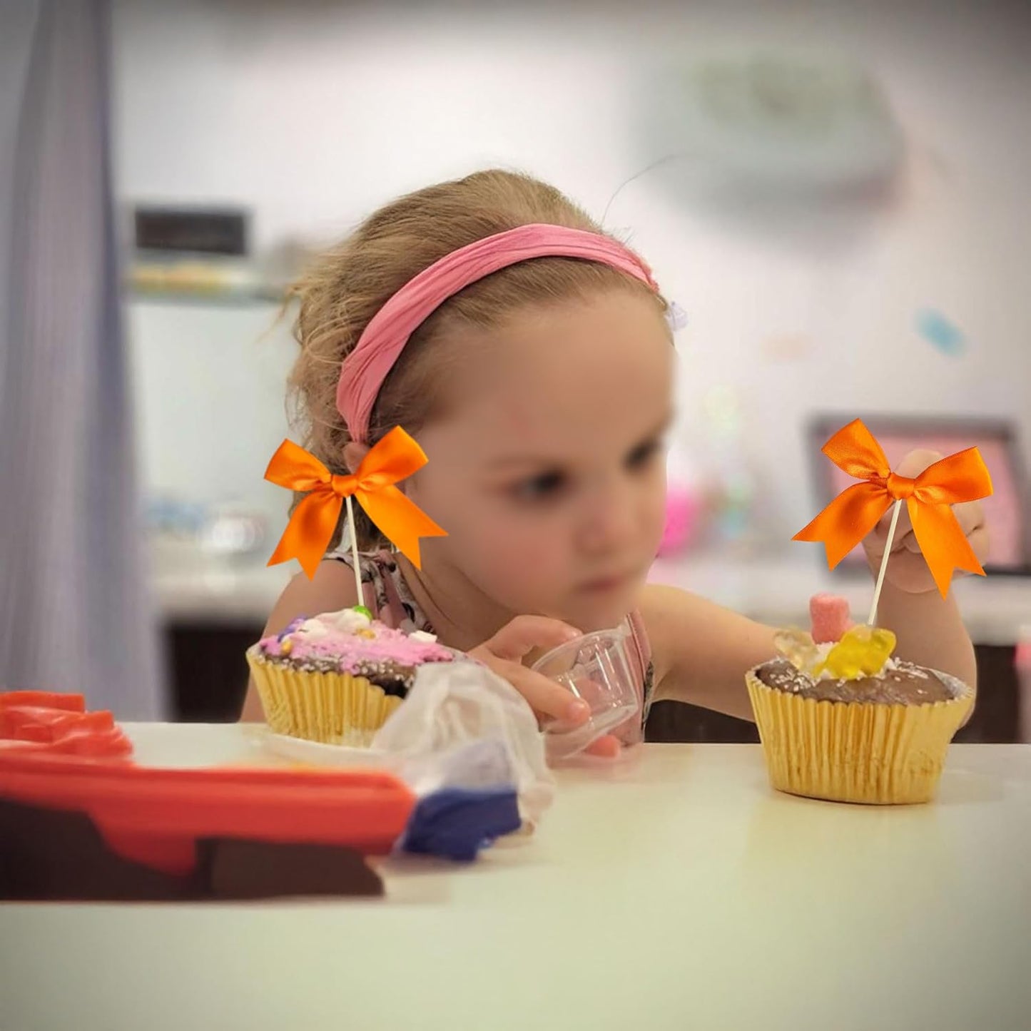 Ephlyn 24Pcs Bow Cupcake Toppers Bow Cake Topper Birthday Decorations Mini Bowknot Cupcake Picks for Coquette Theme Party Decoration Bachelorette Bridal Engagement Wedding Party Supplies Orange