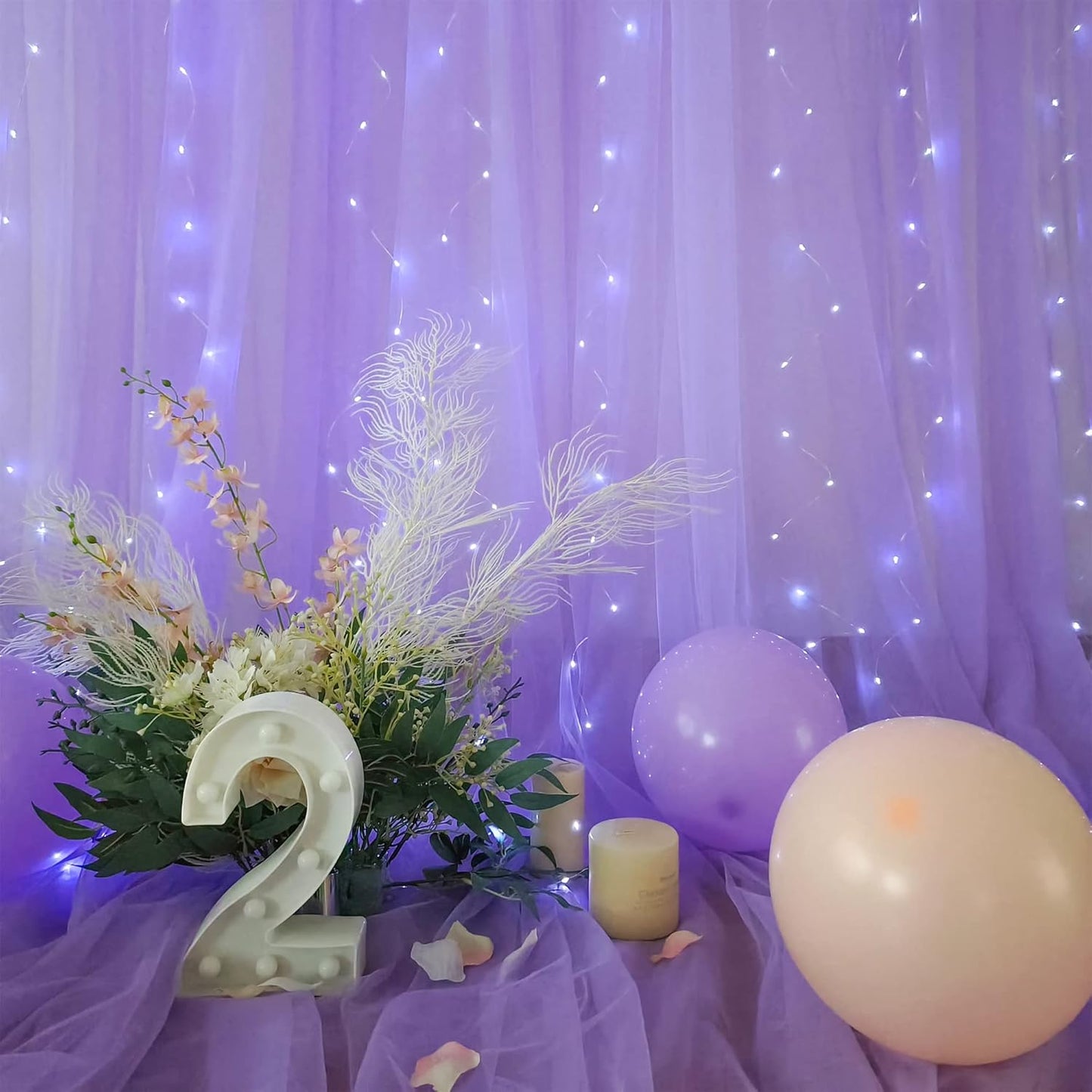 Lavender Tulle Backdrop Curtain with Led Lights for Wedding Baby Shower Girls 10ft X 8ft Lilac Lavender Sheer Backdrop Curtain for Birthday Party Bridal Shower Photoshoot Background Decorations
