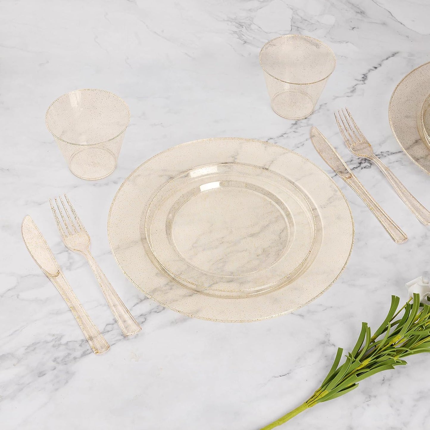 Goodluck 350 Piece Gold Glitter Plastic Dinnerware Set for 50 Guests, Disposable Plates for Party, Include: 50 Dinner Plates, 50 Dessert Plates, 50 Rolled Napkins with Silverware, 50 Cups