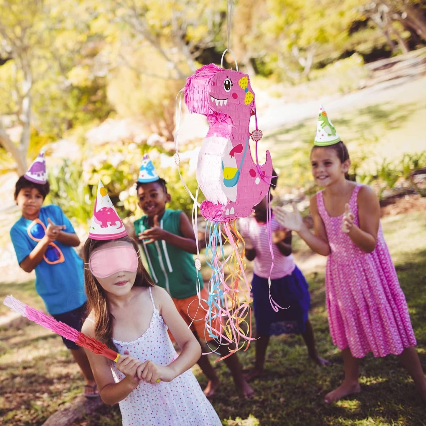 WERNNSAI Foldable Dinosaur Piñata - Pull String Dinosaur Birthday Party Supplies Extendable Piñata with Blindfold Bat and Tassels Dinosaur Birthday Decoration Pink Dinosaur Piñatas for Classroom Game