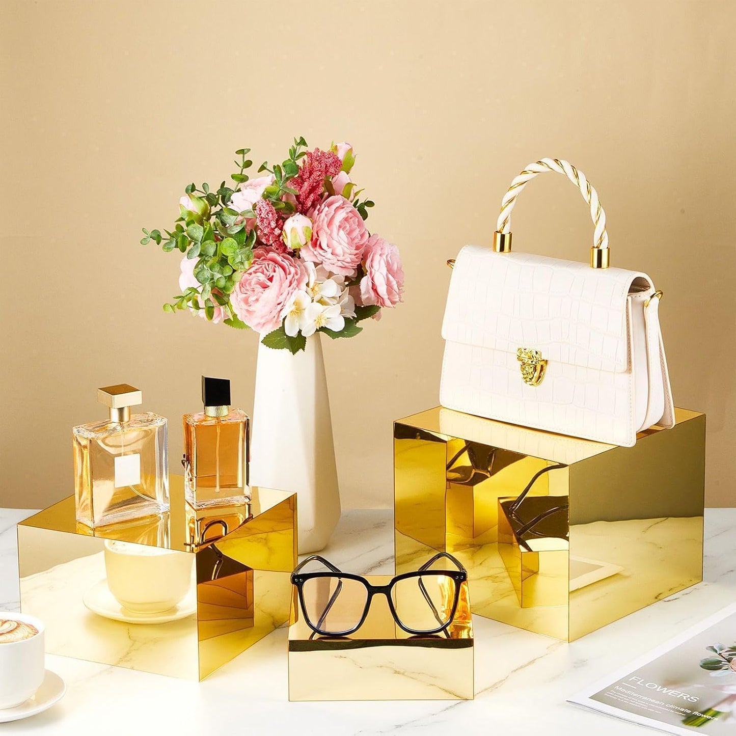 Leinuosen 7 Pcs Large Buffet Risers Set 6" to 12" Acrylic Display Box Catering Dessert Table Riser Food Display Decorative Stand with Hollow Bottom for Catering Supplies(Gold, Square)