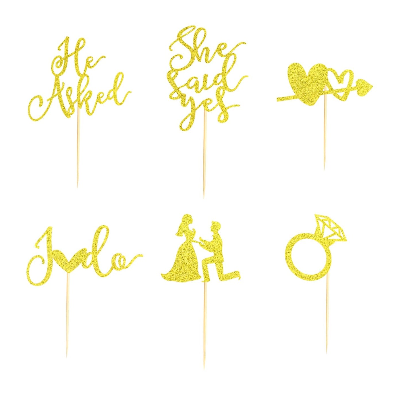 24Pcs He Asked She Said Yes Cupcake Toppers Diamond Ring Heart I Do Cake Picks for Wedding Engagement Bridal Shower Party Cake Decorations - Gold Glitter