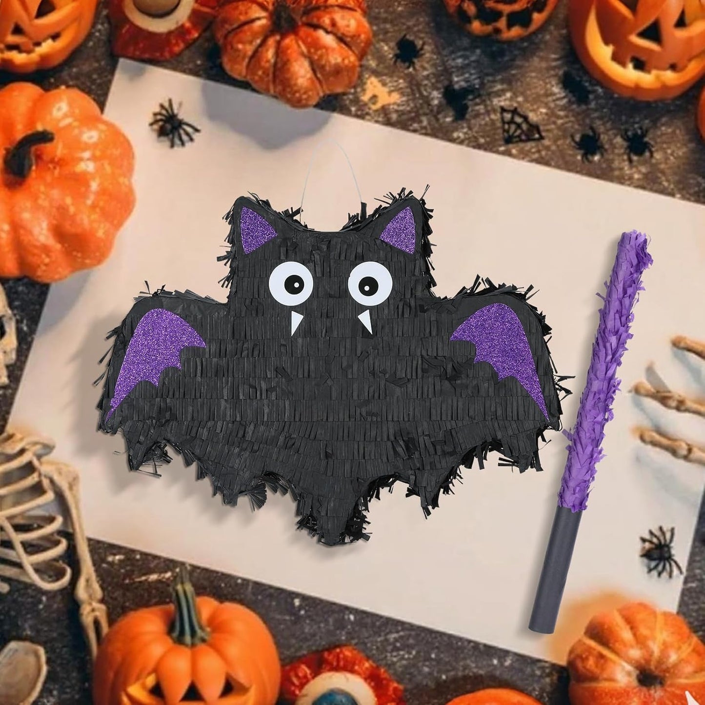 Halloween Bat Pinatas Bundle with a Blindfold and Bat (16.5 x12.6x4 Inches), Halloween Party Decoration Supply, Purple Bat Piñata, Birthday Theme Party Games