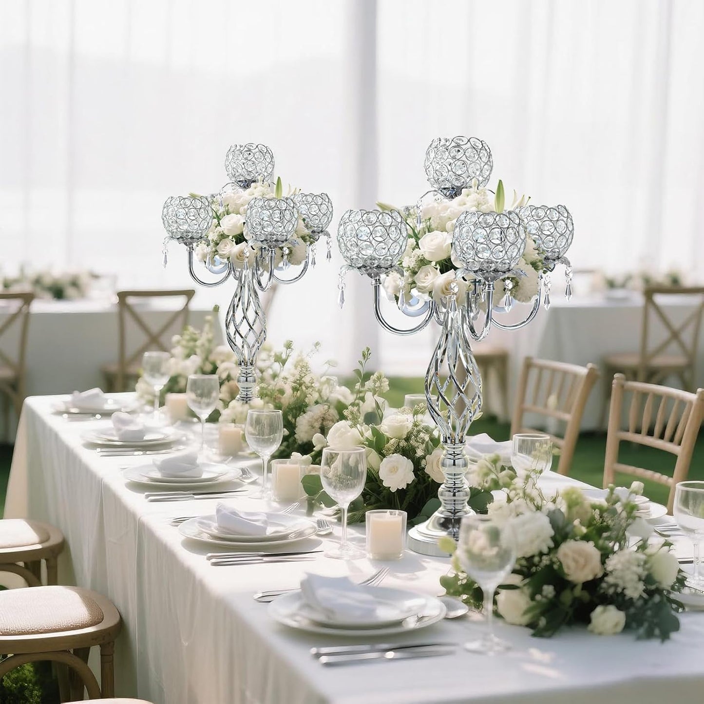 5-Arm Crystal Candelabra Centerpiece 23.2" Tall - Elegant Candle Holder Stand with Crystal Bowl, Chic Table Decor for Weddings, Parties, Anniversary & Home Decoration (2, Silver)