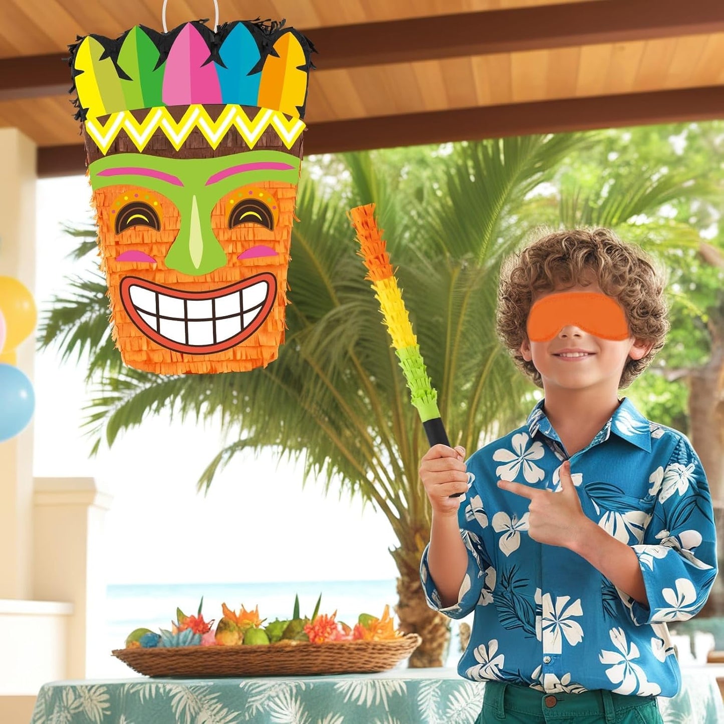WERNNSAI Tiki Piñata -Tropical Hawaii Piñata with Blindfold and Bat for Girls Boys Kids Piñata Hawaiian Luau Themed Party Decorations for Summer Birthday Party Supplies Carnivals Festivals Celebration