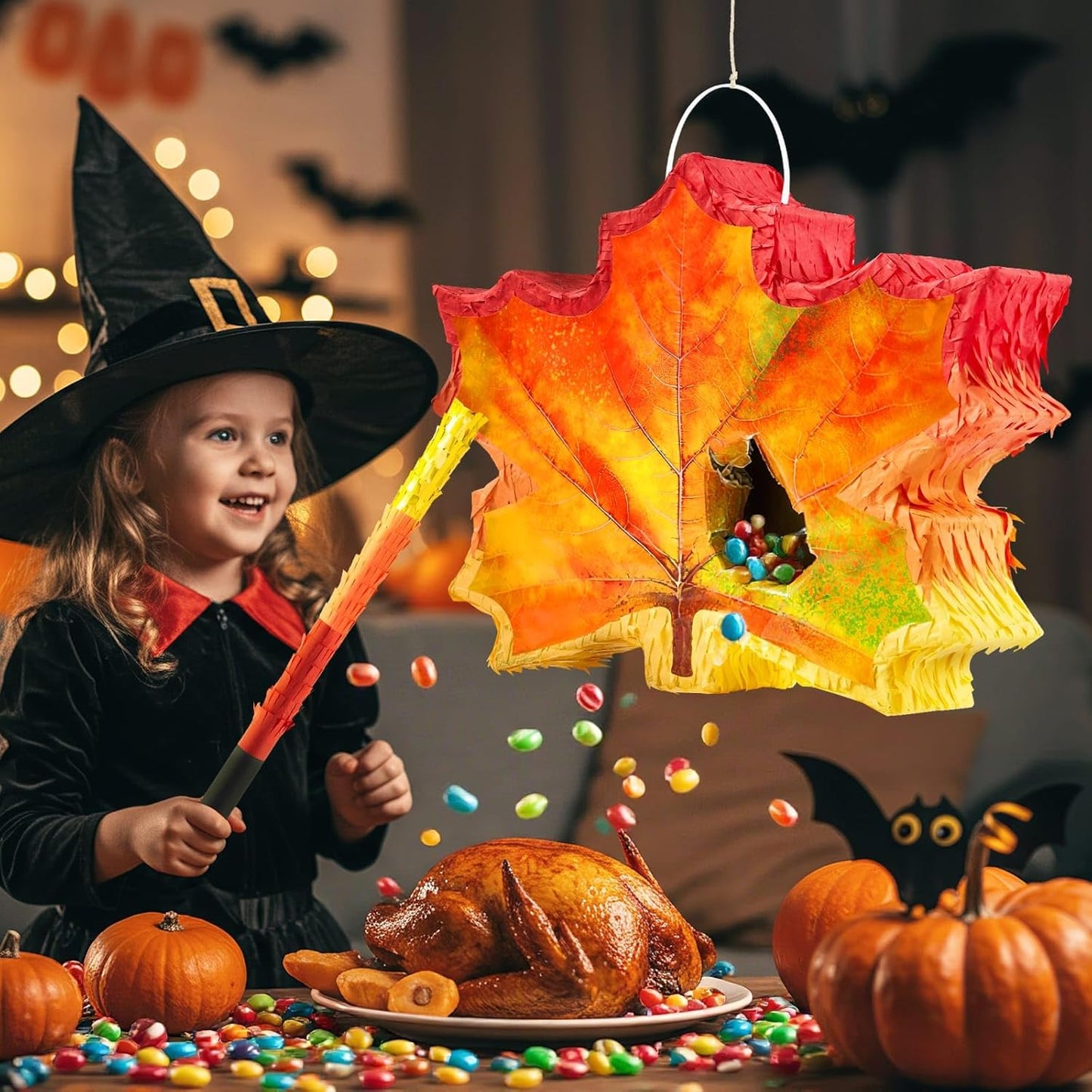 WERNNSAI Fall Leaf Pinata - Maple Leaf Pinata Thanksgiving Party Games for Kids Orange Autumn Hanging Leaves Decor Fall Festival Thanksgiving Family Party Favors with Blindfold