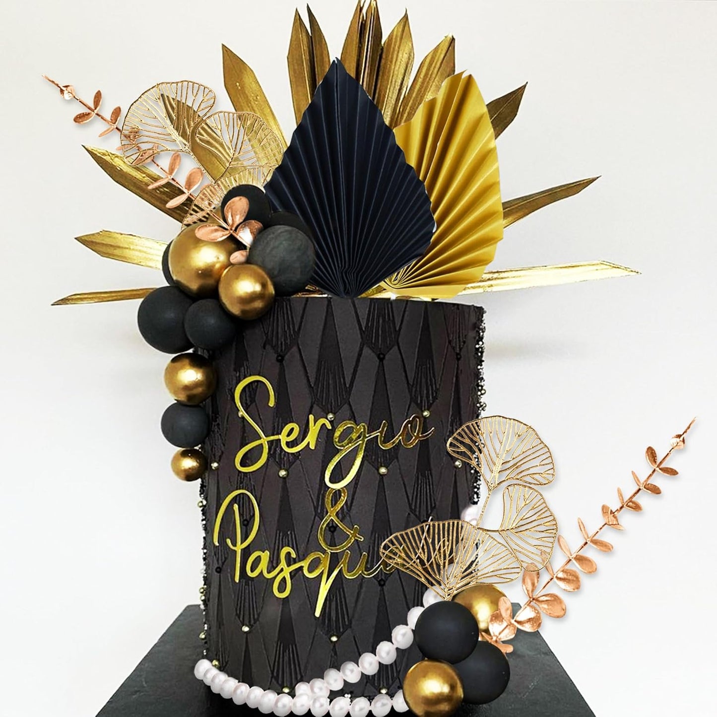 Boho Cake Topper Black Gold Balls Cake Topper Gold Leaves Cake Decoration Prom Cake Decoration Roaring 20s Cake Decoration 1920s Party Supplies