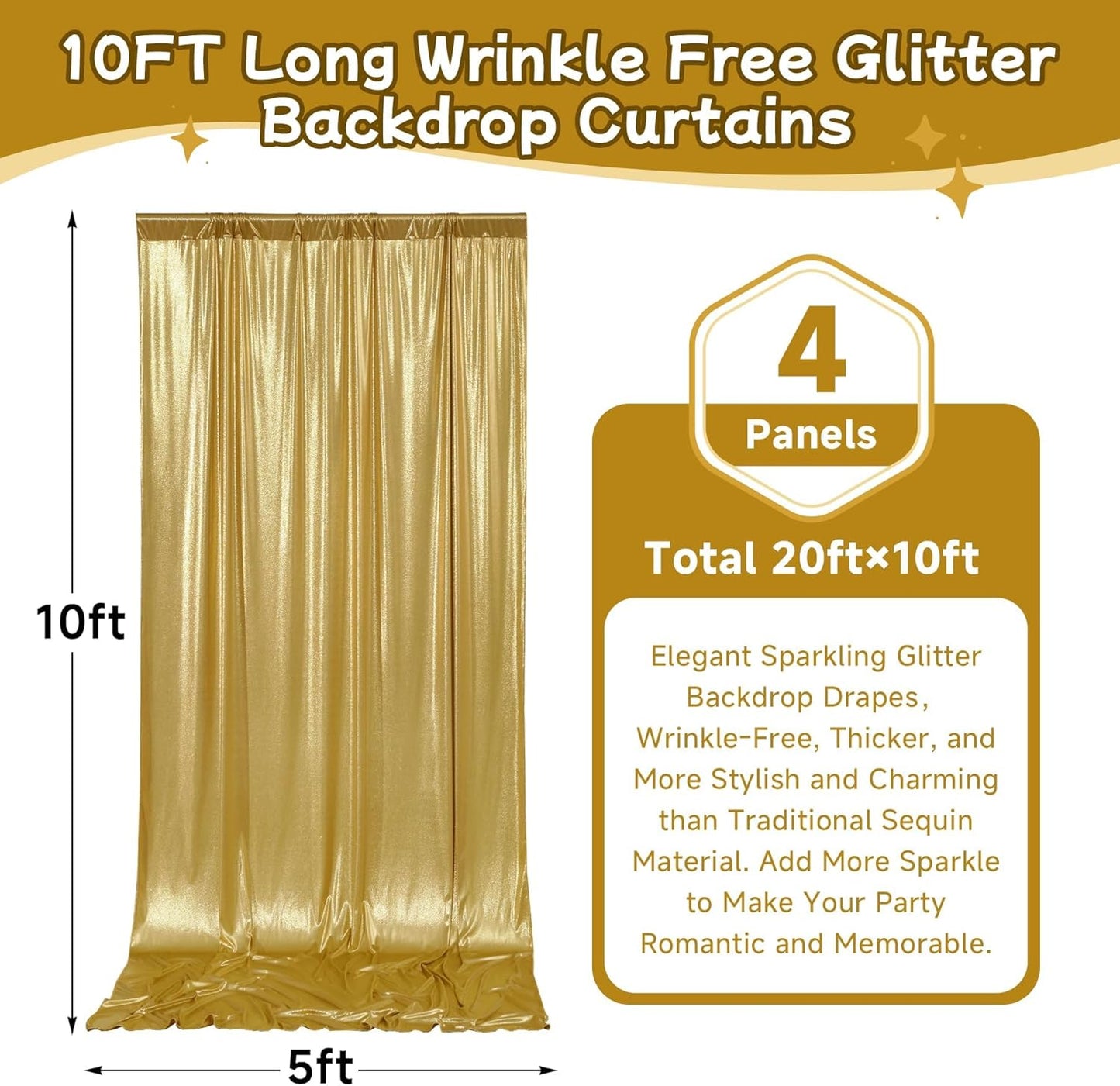 20x10ft Thick Gold Glitter Backdrop Curtain Panels for Parties, Wrinkle Free Sparking Sequin Backdrop Drapes, 4 Panels 5x10ft Shimmer Photo Back Drop Cloth for Wedding Birthday Photography