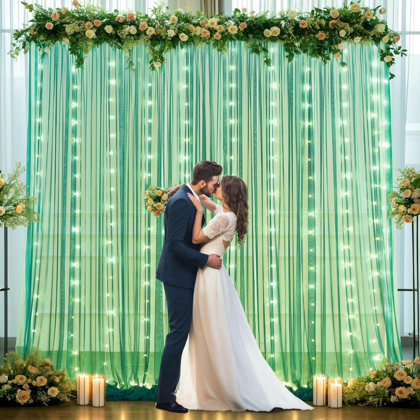 Hunter Green Tulle Backdrop Curtains with Lights String for Parites 10x8ft Sheer Backdrop Curtains Drapes for Birthday Party Bridal Shower Baby Shower Photo Booth Background Decorations