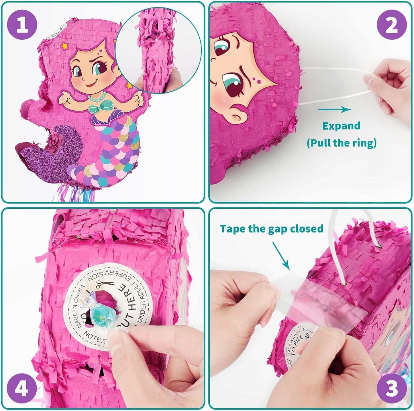 WERNNSAI Foldable Mermaid Pinata - Pull String Mermaid Birthday Party Supplies Extendable Mermaid with Blindfold Bat and Tassels Mermaid Party Decoration Folding Mermaid Girl Piñatas for Game