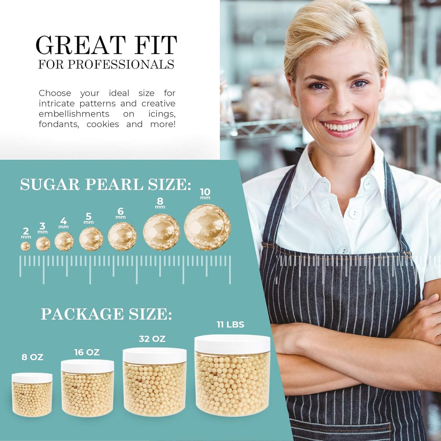 O'Creme Ivory Edible Sugar Pearls Cake Decorating Supplies for Bakers: Cookie, Cupcake & Icing Toppings, Beads Sprinkles For Baking, Certified, Candy Sugar Ball Accents (8mm, 16 Oz)