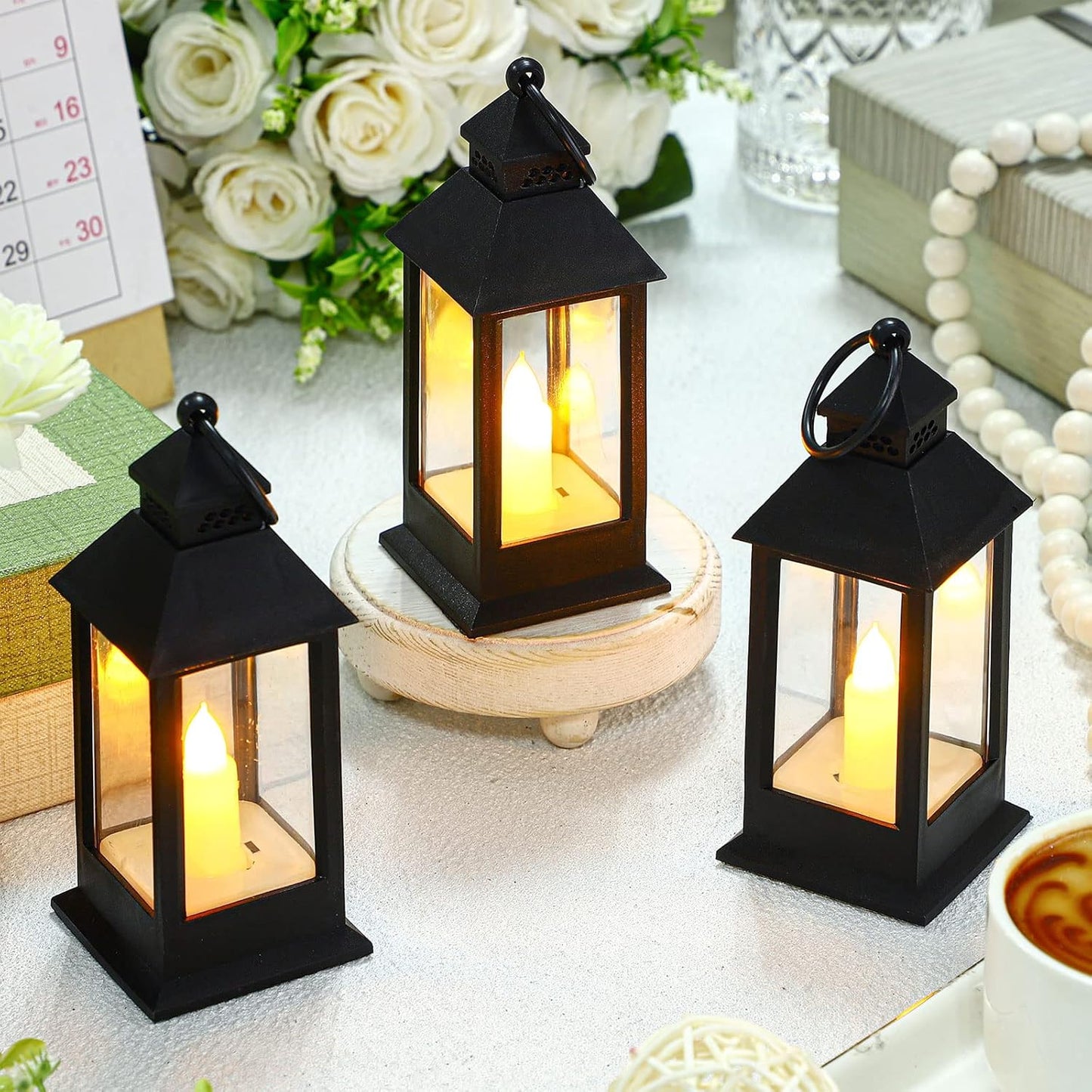 Hoolerry 24 Set Halloween Mini Lanterns with LED Candles 5.5'' Decorative Hanging Small Vintage Lantern Centerpiece Battery Powered for Wedding Table(Black)