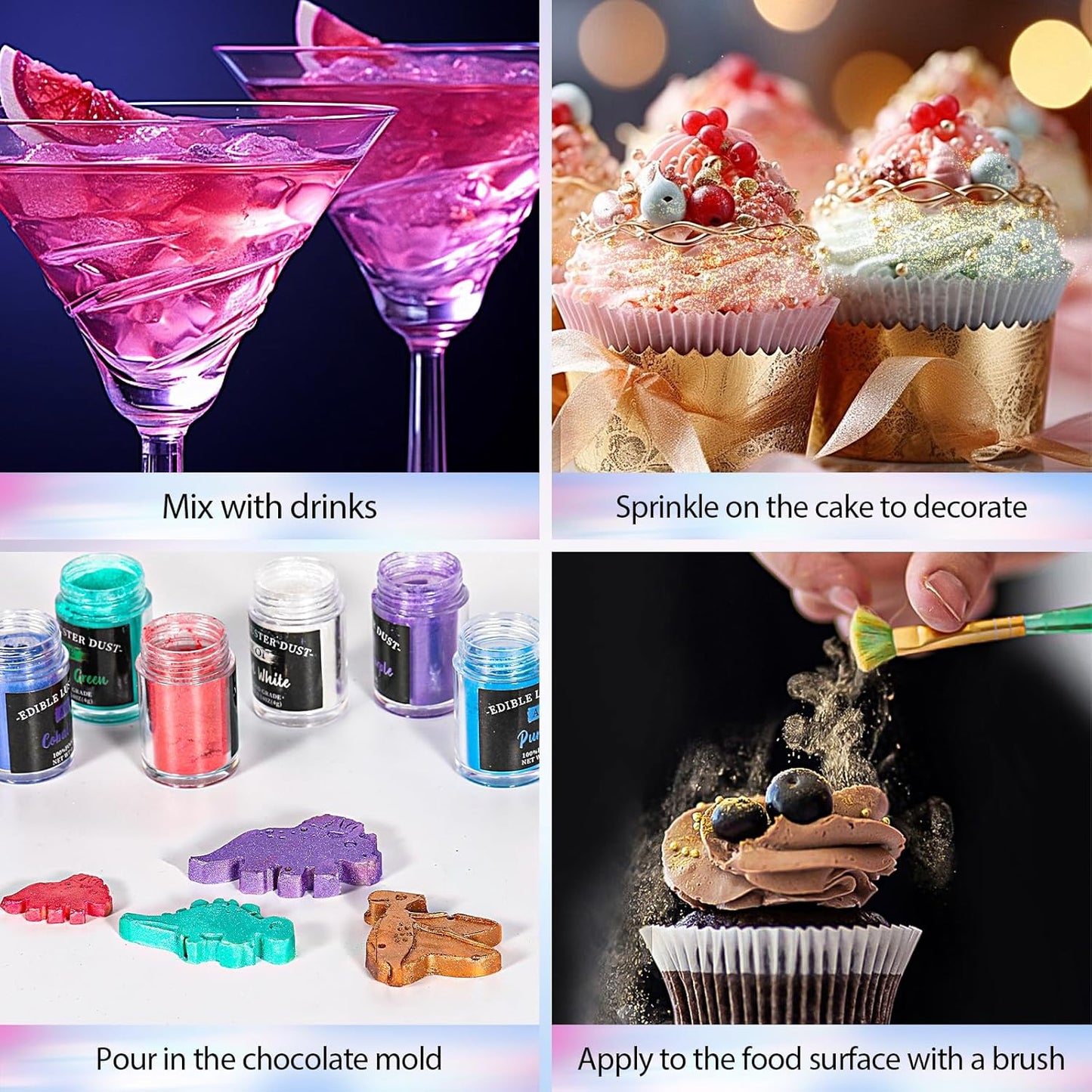 Aheroi Edible Glitter, 24 Colors Luster Dust Edible, Cocktail Glitter Luster Dust Sprinkles Drink Glitter Set, Shimmering Glitter Powder Glitter for Fondant Cake Chocolate Cocktail Candy(4g/0.14oz)