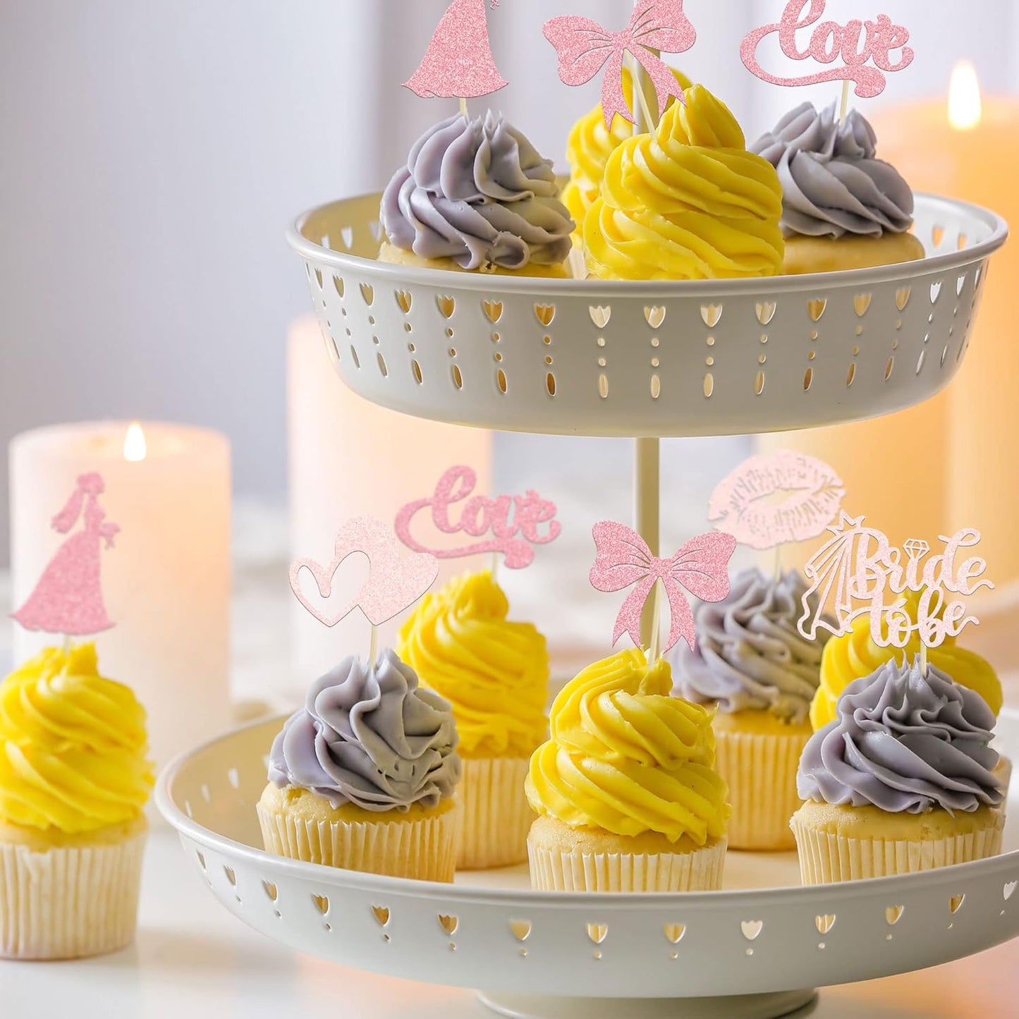 Gyufise 24Pcs Bride to Be Cupcake Toppers Pink Glitter Bow Tie Lip Princess Love Heart Bridal Shower Cupcake Pick Decorations for Wedding Engagement Bachelorette Cake Decorations Supplies