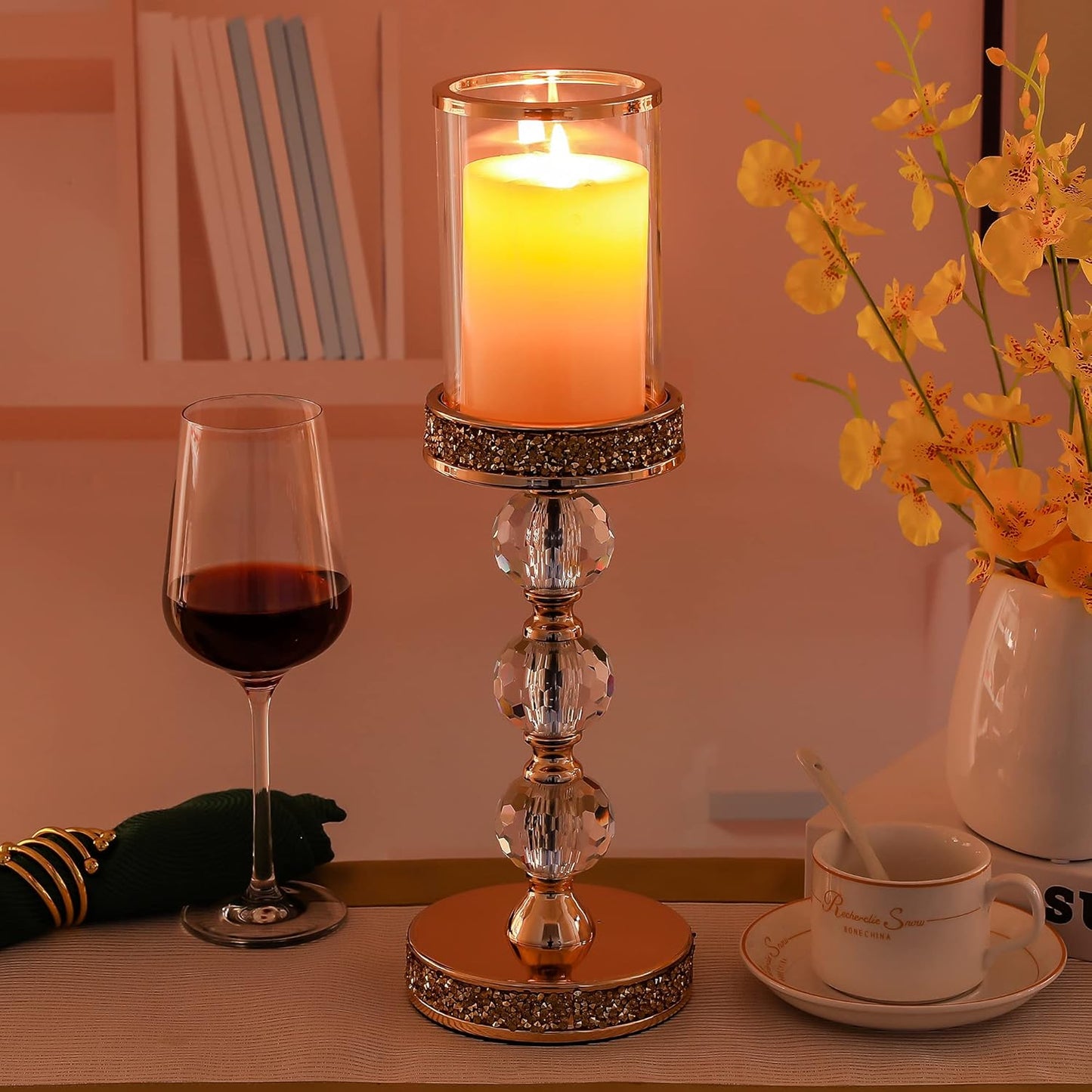 Hurricane Glass Candle Holders, Gold Pillar Candle Holders for Pillar Candle, Magnetic Glass Cover, Crystal Candlesticks Holder for Dining Coffee Table, Wedding,Events,Parties, Home Decor