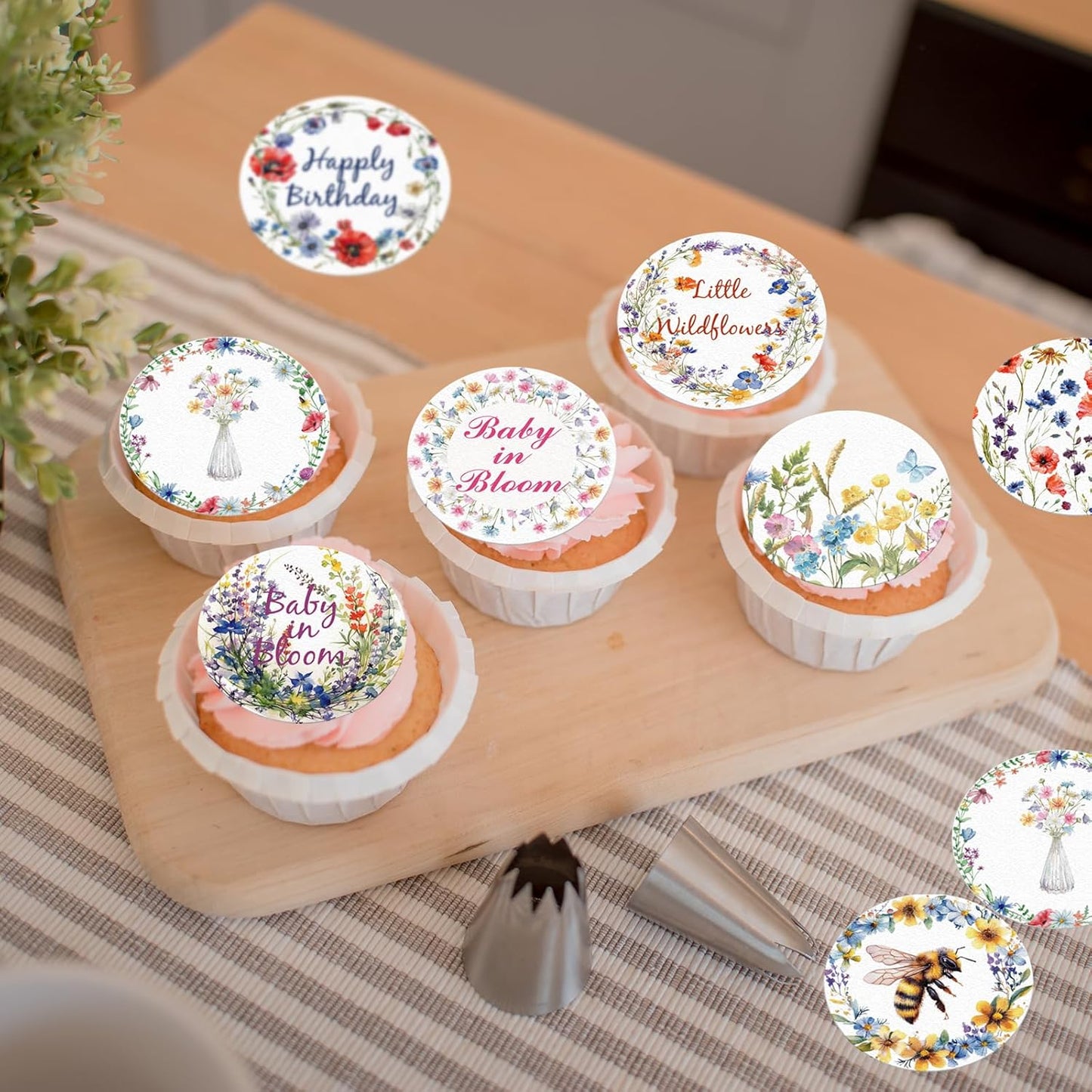 36PCS Edible Wildflower Cupcake Toppers Wafer Paper Baby in Bloom Baby Shower Decorations Flower Birthday Party Decorations Wildflower Cake Toppers for Birthday Party Supplies (Round)