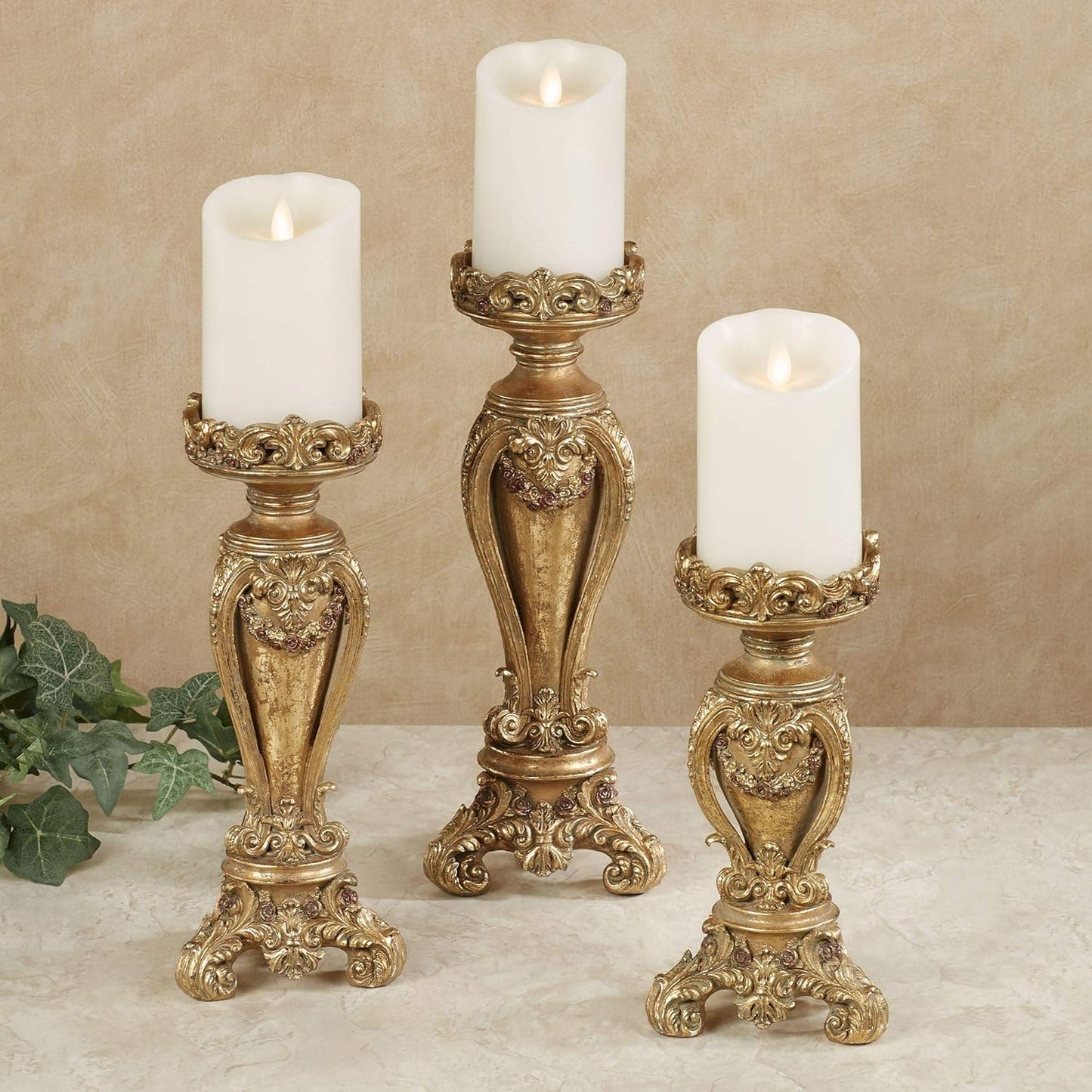 Touch of Class Angelique Ornate Candleholders Aged Gold Set of 3 - Victorian Style Table Candleholder for Dining Room, Mantel - Vintage Centerpiece Decor