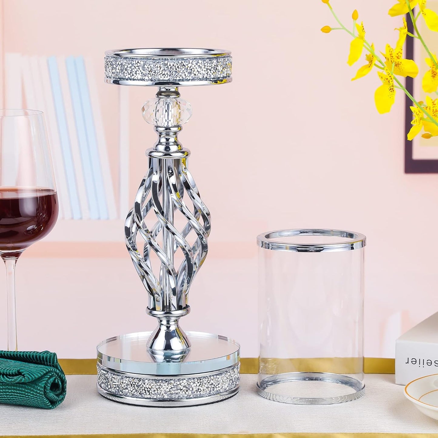 Hanjue Crystal Candle Holders for Pillar Candle, Metal Crystal Candle Holder for Home Decor, Centerpieces, Coffee Dining Table CH0509 (Silver (L))