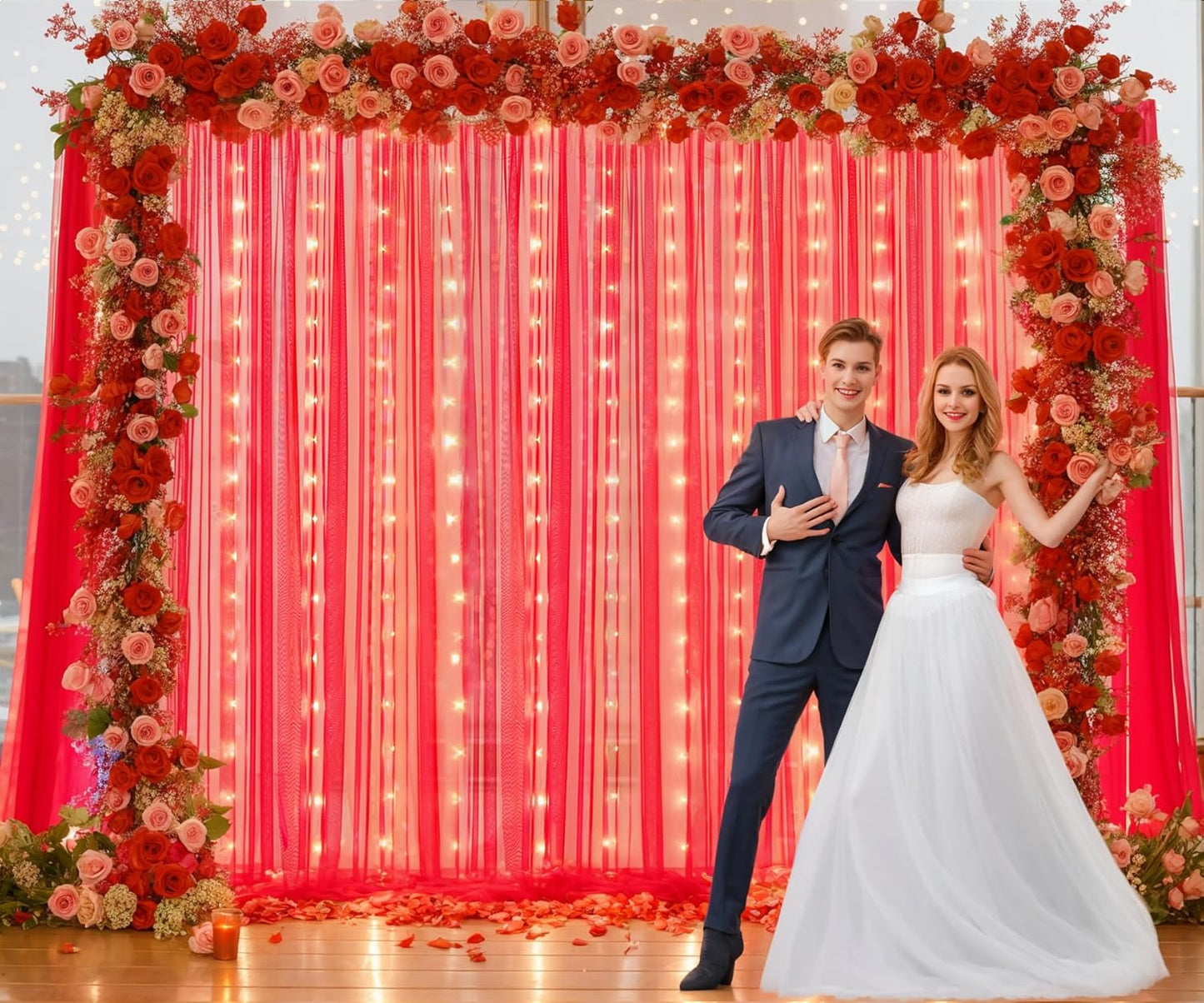 Suppromo Red Tulle Backdrop Curtain with Lights String for Parites 30x10ft Sheer Backdrop Curtains for Birthday Party Baby Shower Christmas Wall Photo Booth Background Decorations(6 Panels 5ft×10ft)