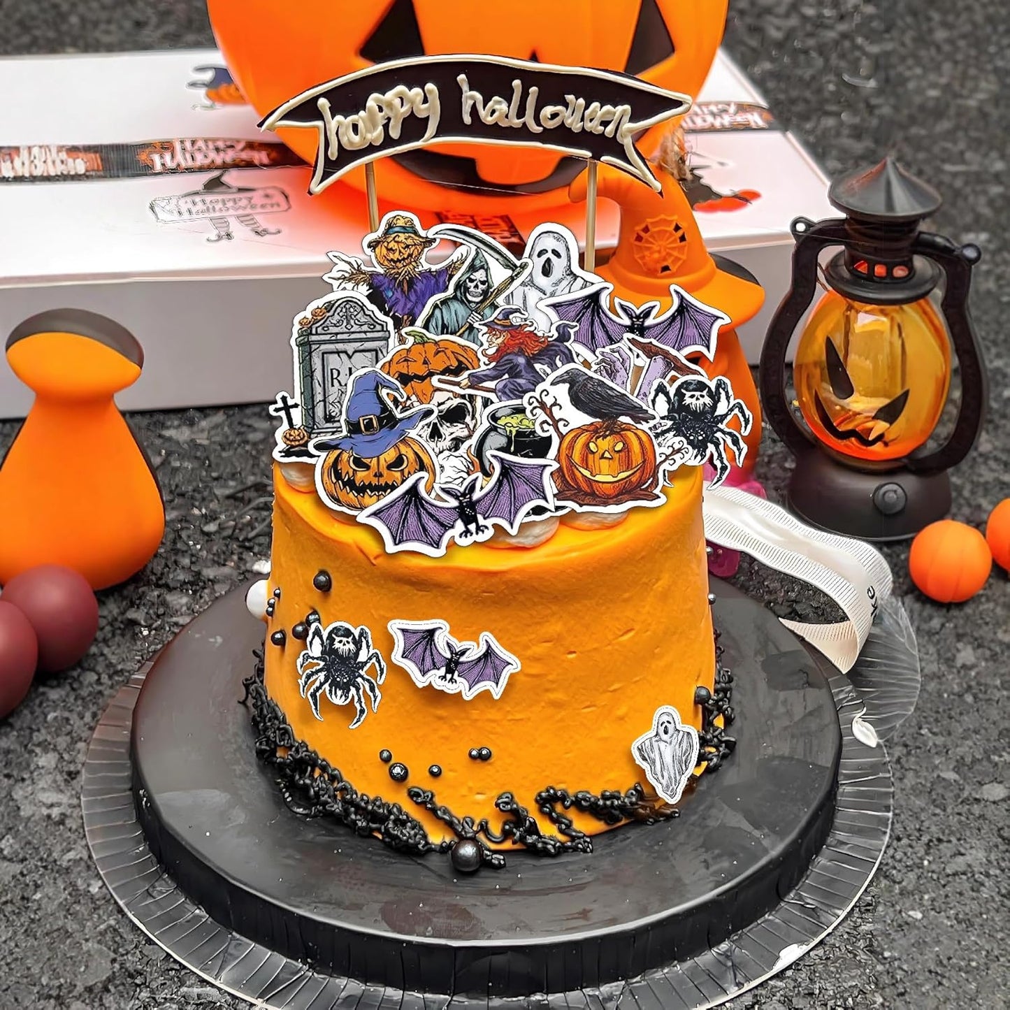 48pcs Edible Halloween Themed Pumpkin for Cake Decorating Spider Cupcake Toppers Bat Wedding Themed Party Birthday Cake Decoration(Tasteless)