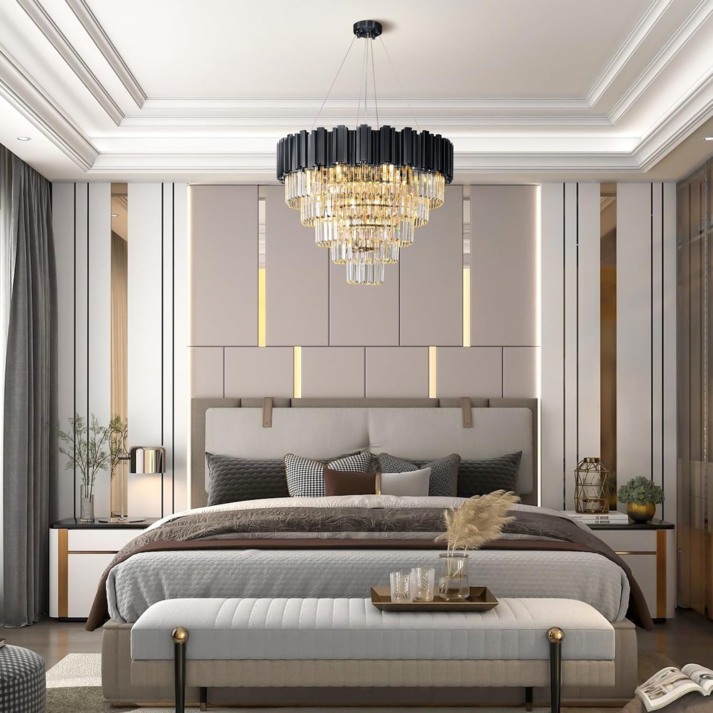 27.5" Black Crystal Chandelier, 9-Light Modern Luxury Round Chandelier, 5-Tier Contemporary Tiered Chandeliers Light Fixture for Dining Room, Living Room, Bedroom, Foyer, Entryway, Kitchen