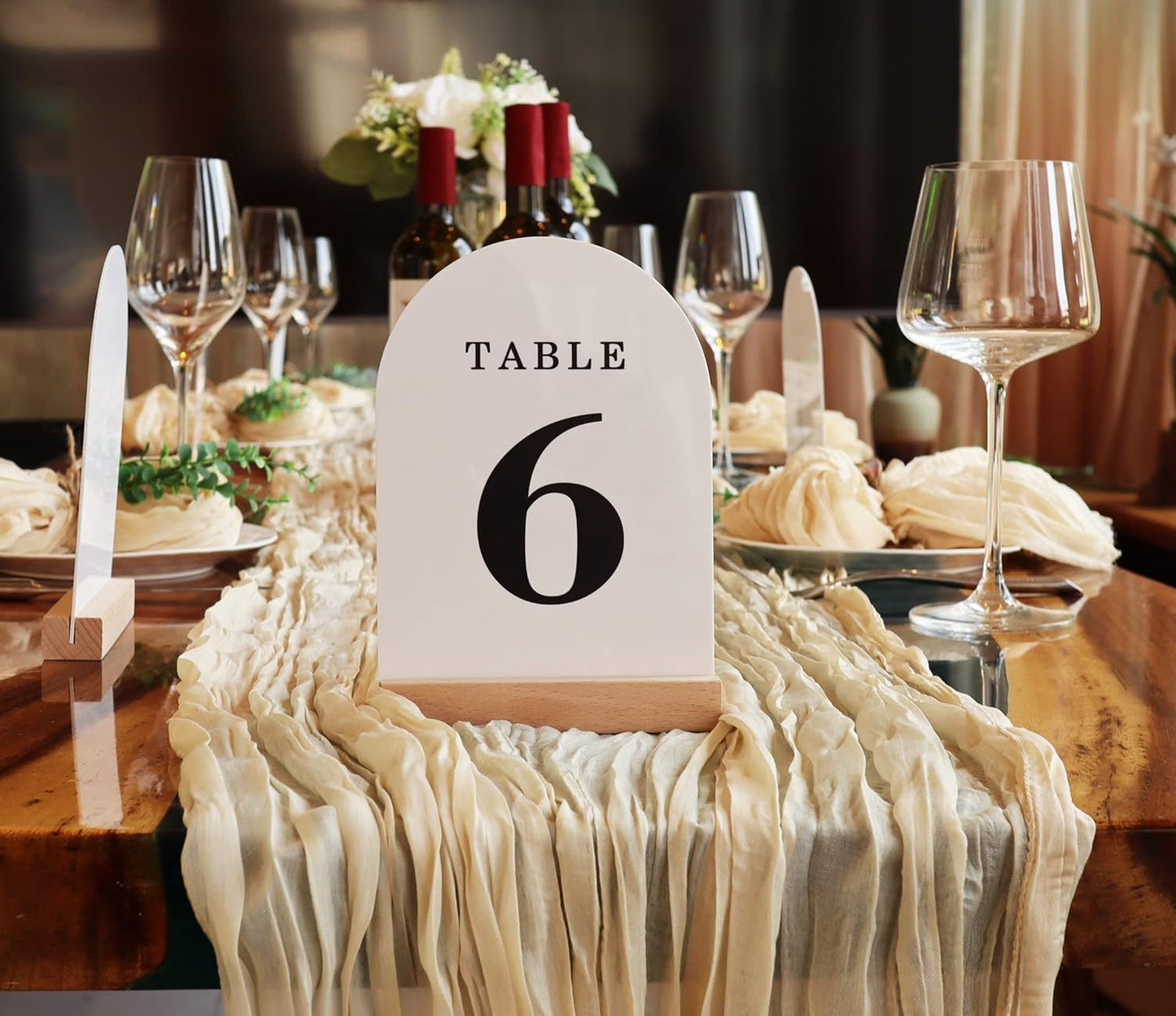 Wedding Table Numbers 1-10, Acrylic Arch Signs with Natural Wood Stands Holders, Rustic Table Decor for Reception & Parties (White Black)