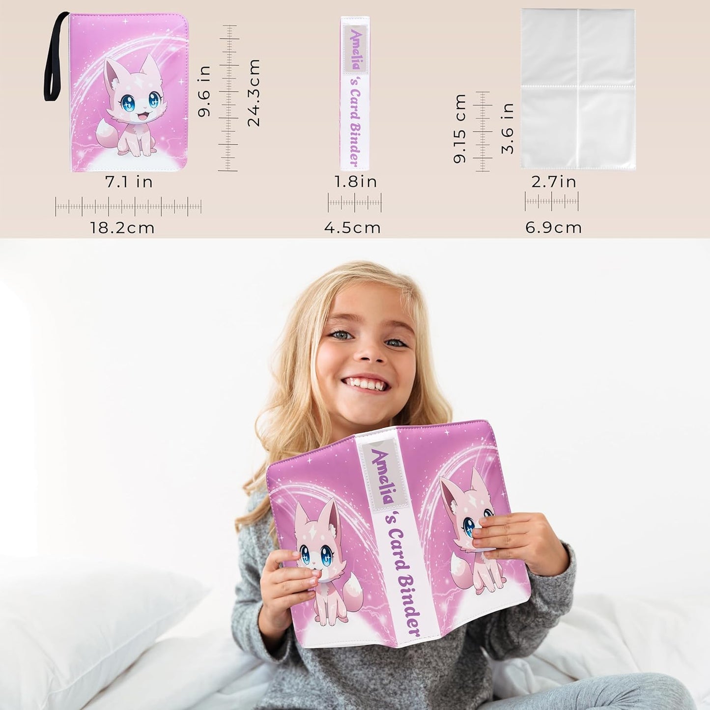 Cute Pink Trading Card Binder 4 Pocket for Girls Gifts - Includes Name Tag & Tab Stickers for Sorting - 440 Pockets Card Binders Zipper Album Book Holder - Baseball Football Sports Tcg Card Case