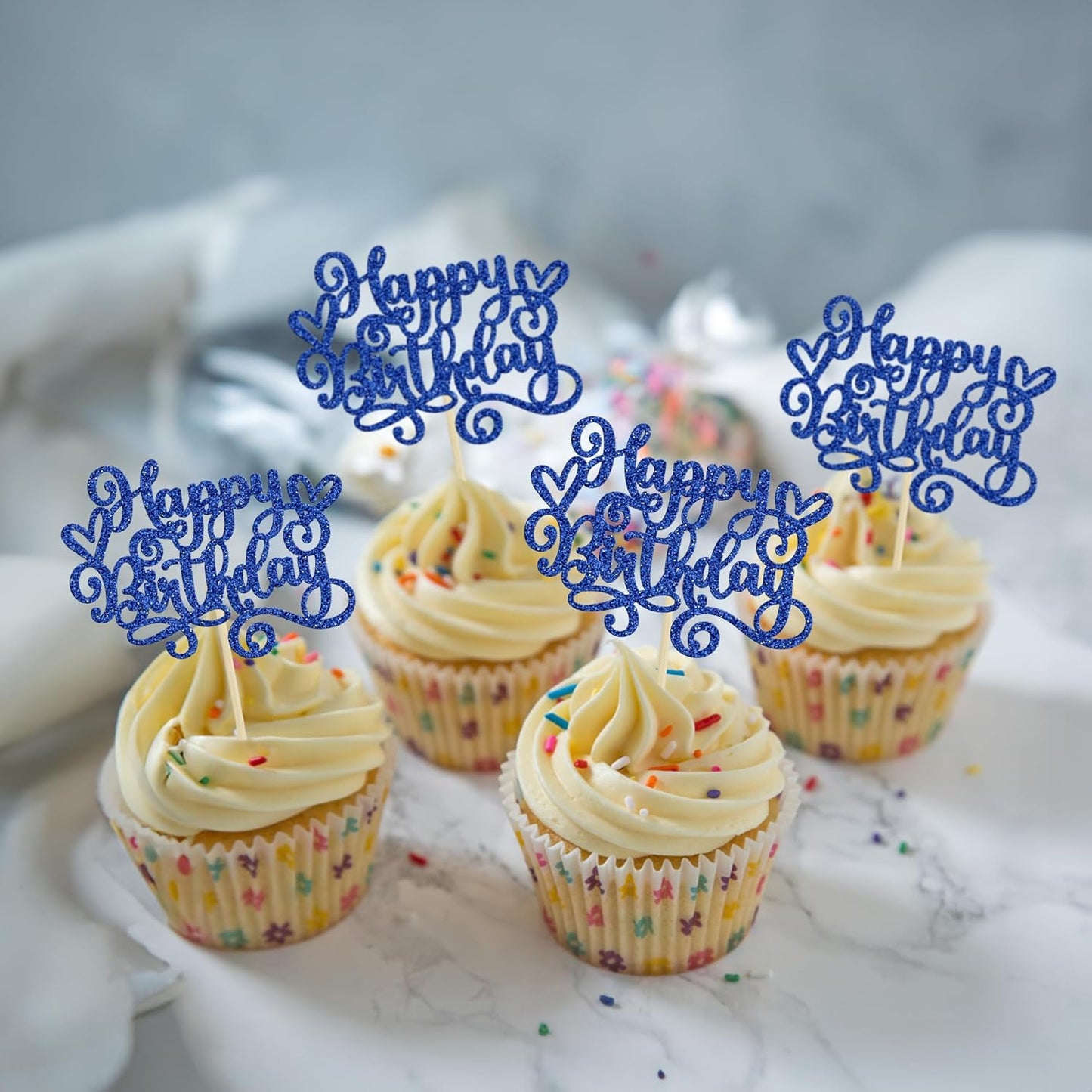 Gyufise 24Pcs Happy Birthday Cupcake Toppers Glitter Happy Birthday Cupcake Picks for Celebrating Happy Birthday Party Decor Anniversary Theme Party Cake Decorations Supplies Dark Blue