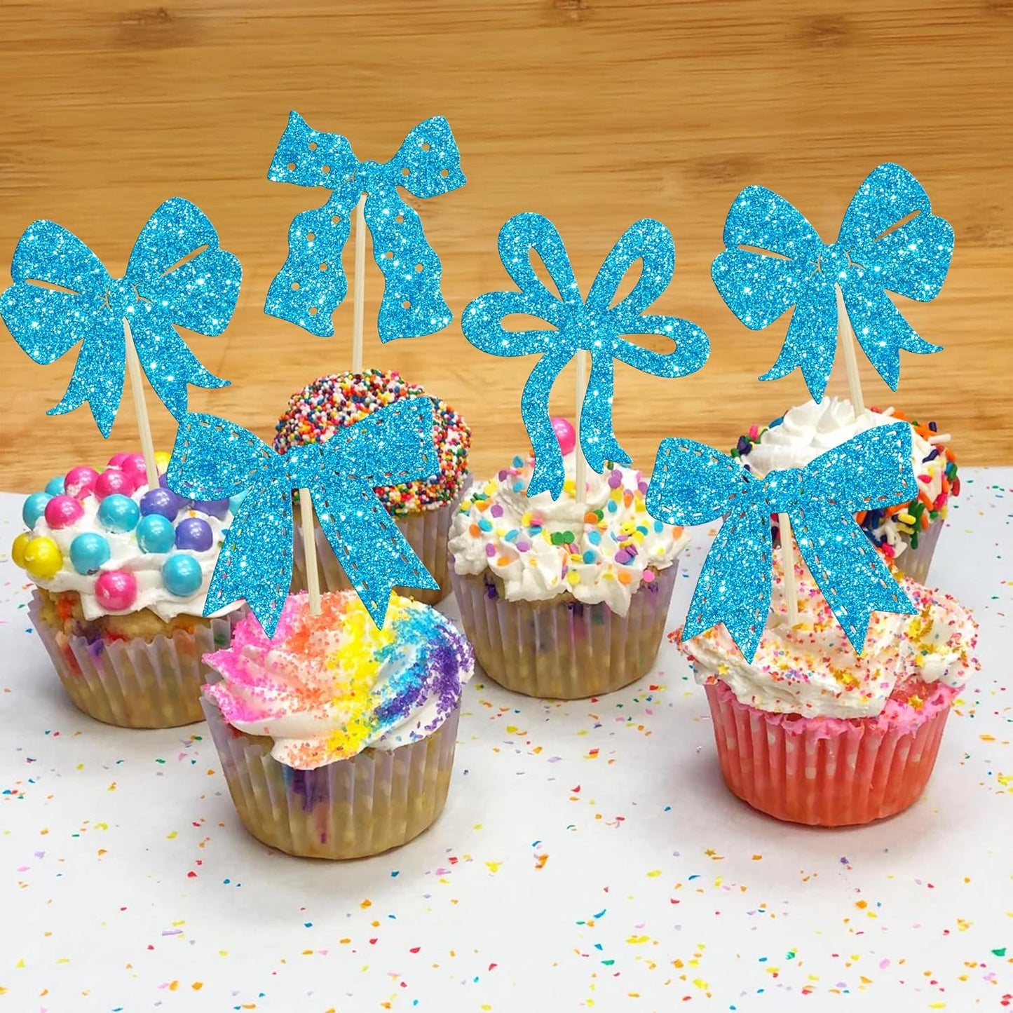 Ephlyn 24Pcs Bow Cupcake Toppers Bow Birthday Cake Topper Girls Birthday Party Decorations Bowknot Cupcake Decorations for Bridal Baby Shower Birthday Wedding Themed Party Blue